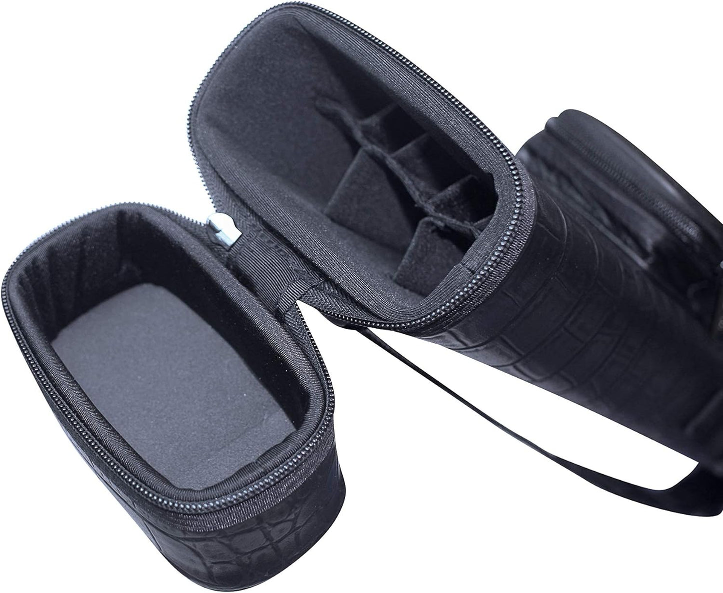 Open main compartment of the cue case revealing internal dividers for cues.