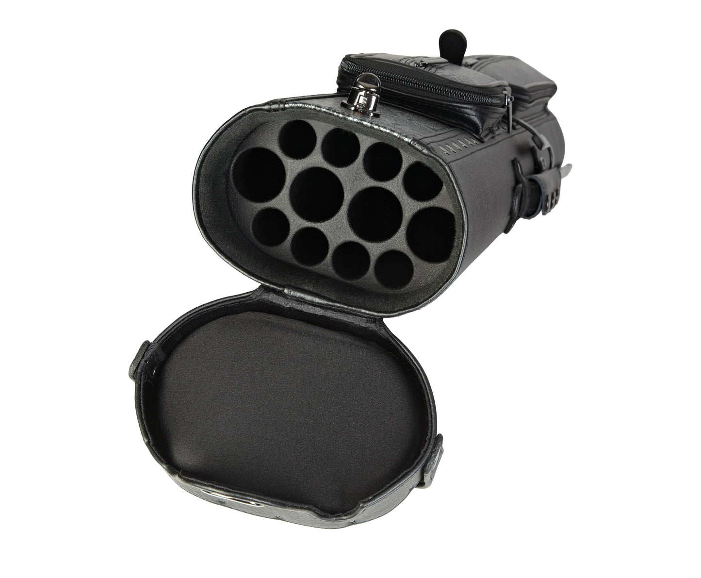 Interior view of the open cue case, revealing 12 individual compartments.