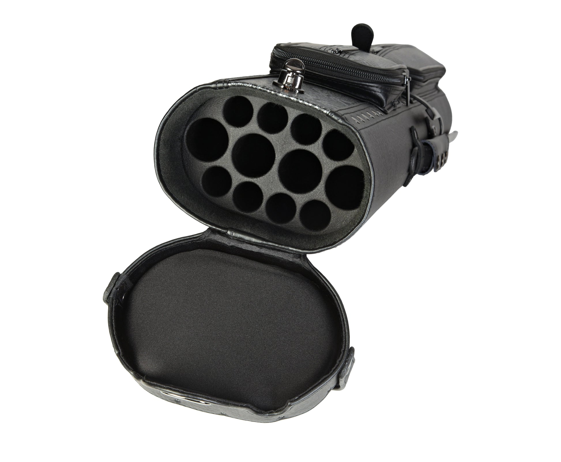 Interior view of the open cue case, revealing 12 individual compartments.