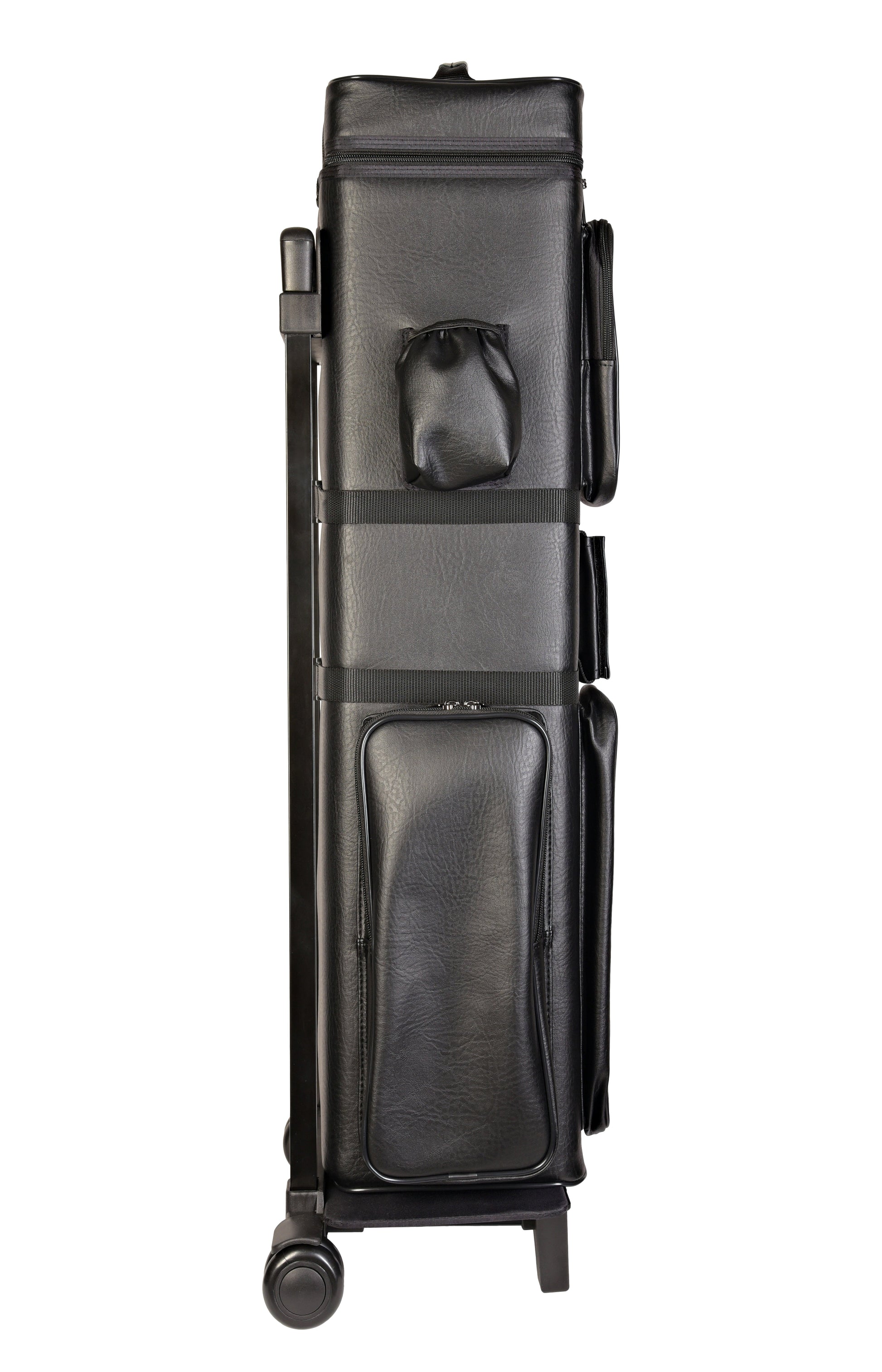 Right side of the black cue case with pockets and wheel assembly visible.