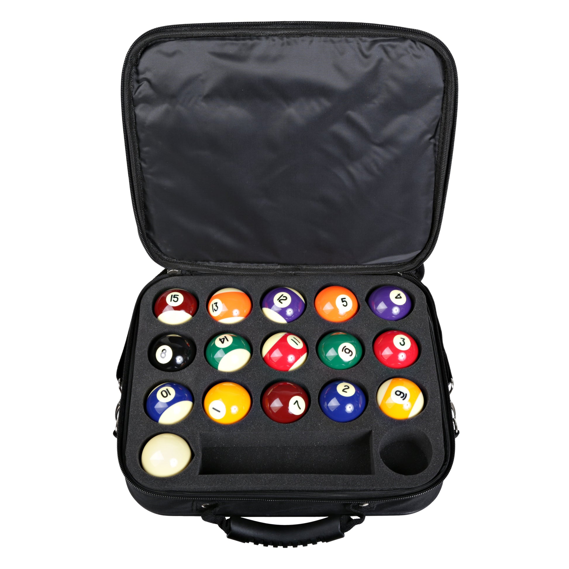 Billiard ball case filled with 18 numbered balls and cue balls.