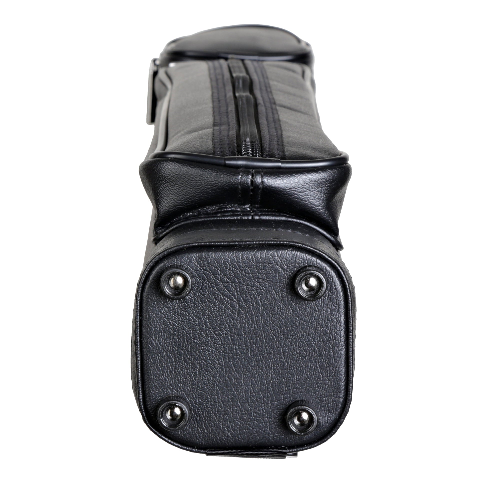 Bottom view of the black billiard cue case with protective metal feet.