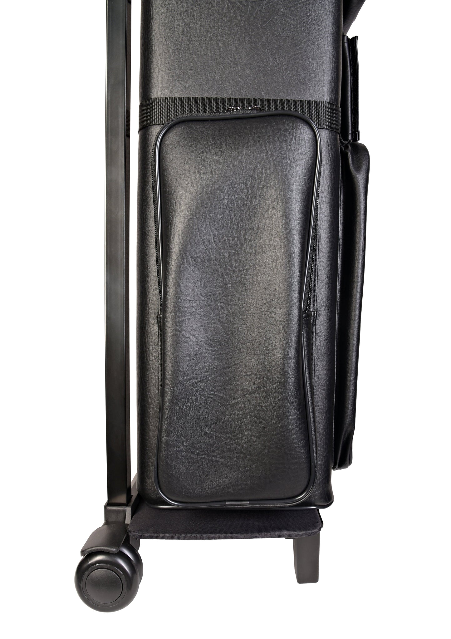 Bottom portion of the cue case, showing the wheeled base and support legs.
