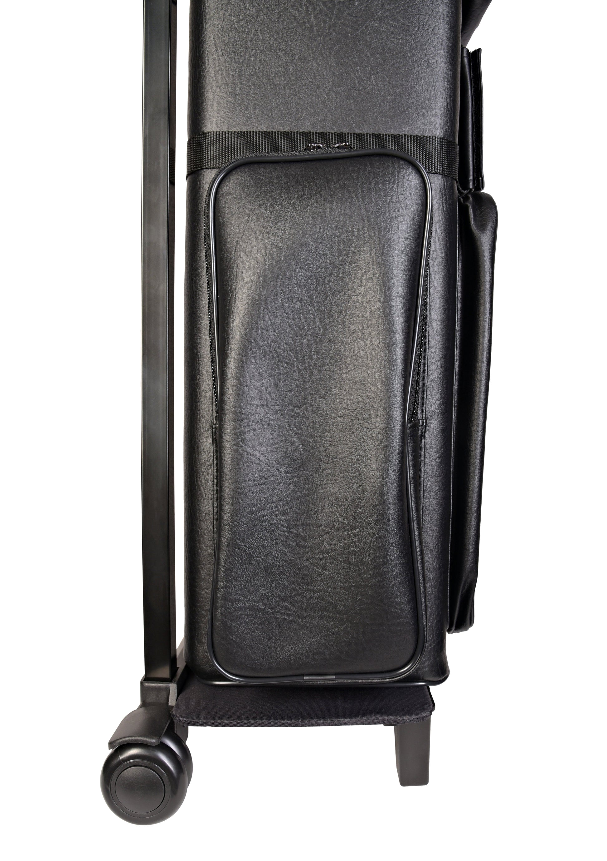 Bottom portion of the cue case, showing the wheeled base and support legs.