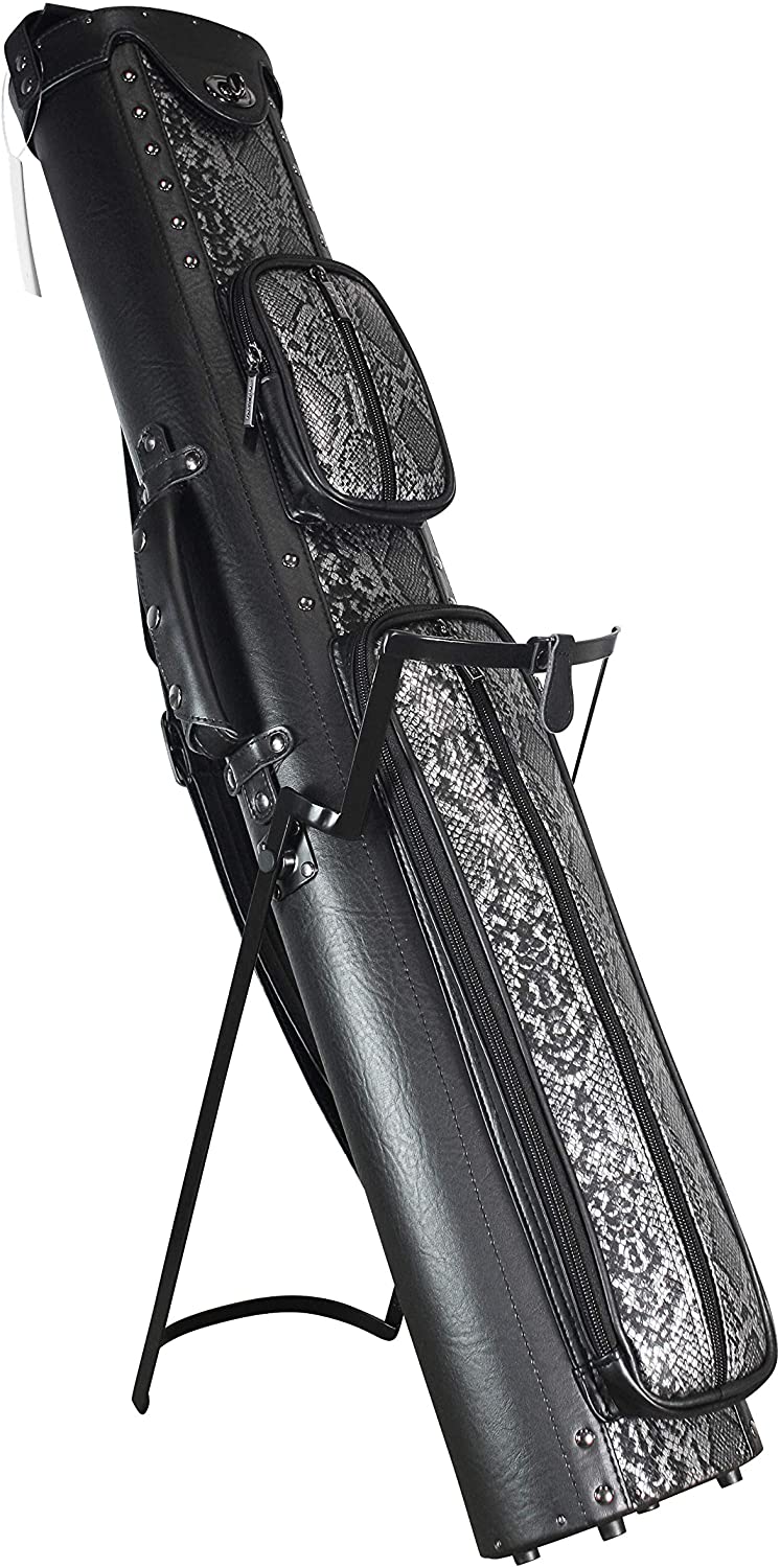 Angled angled view of the hard billiard cue case with snake pattern.
