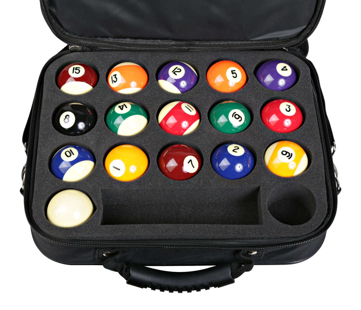Close-up of billiard balls organized within the case compartments.