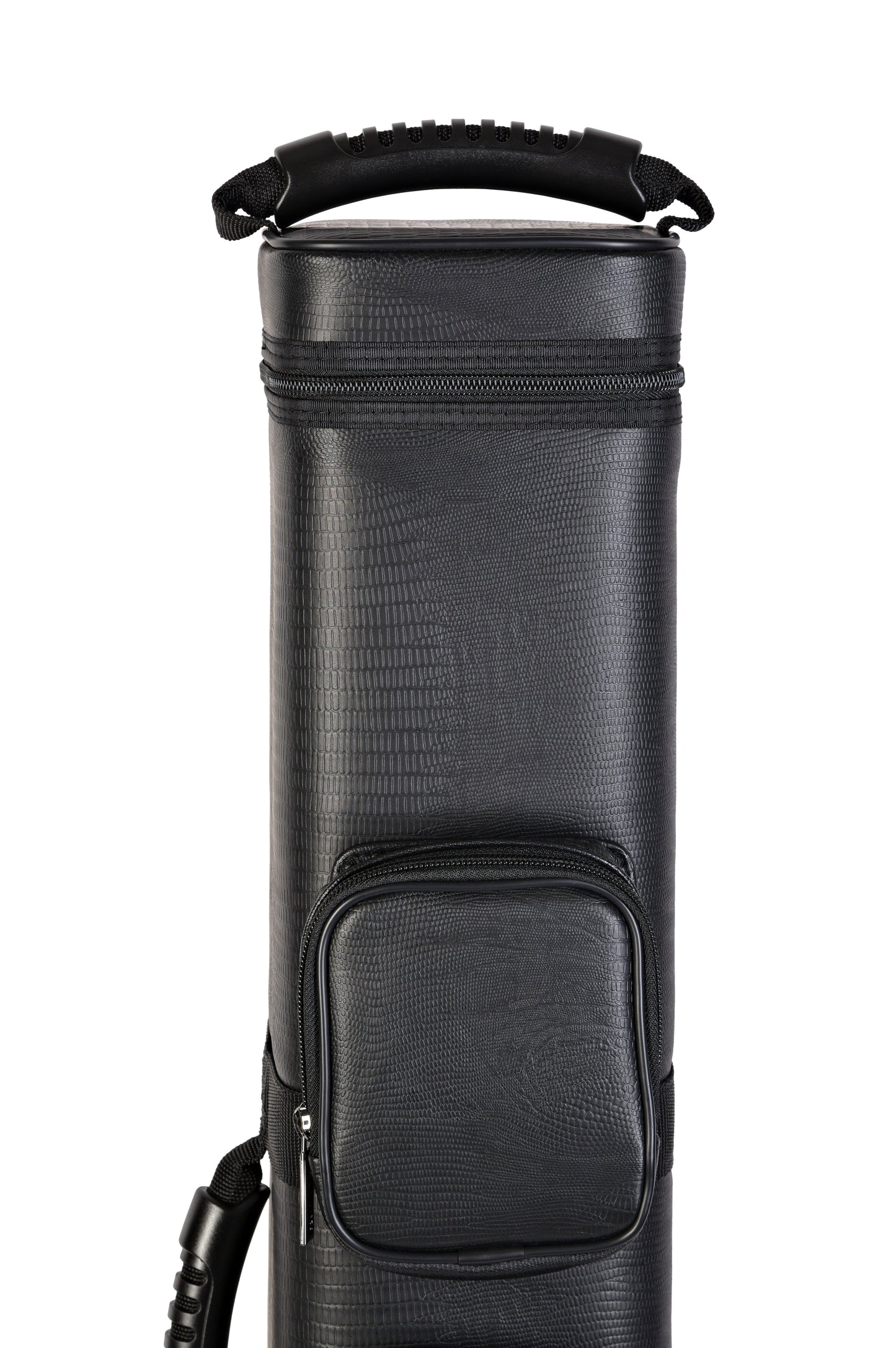Angled view of the case showing a zippered side pocket