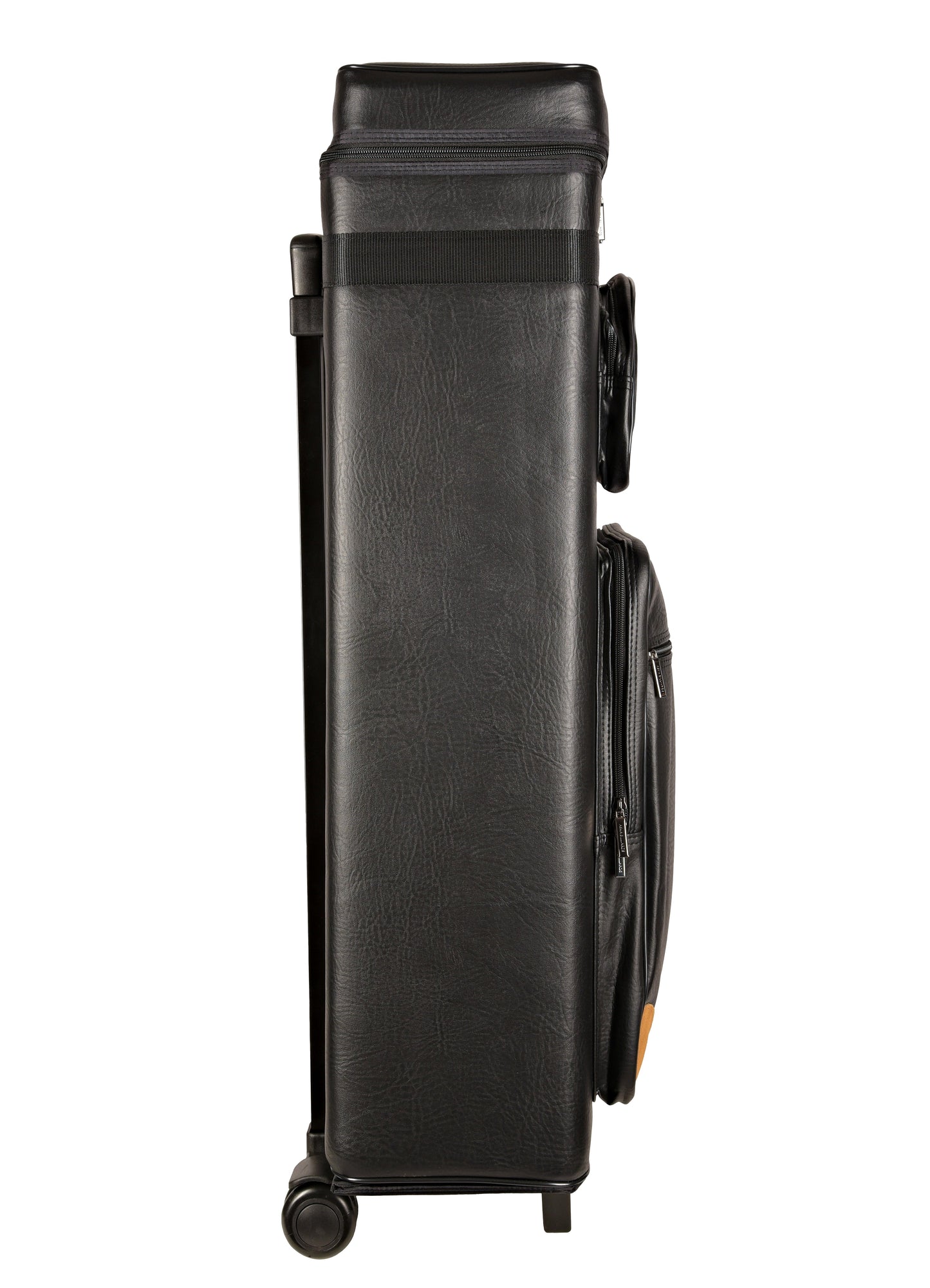 Opposite side view of cue case with storage pockets and rolling feature.