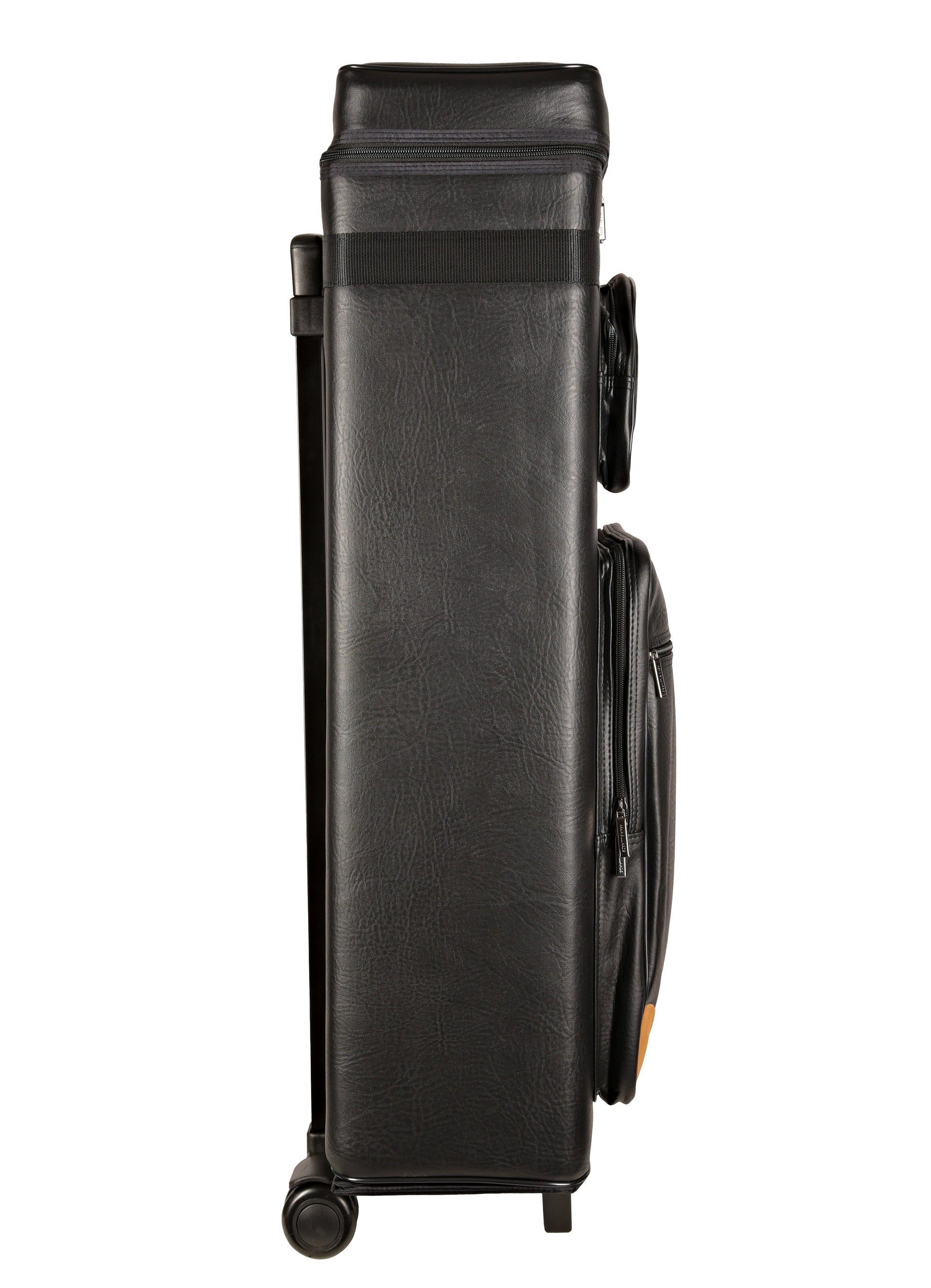 Opposite side view of cue case with storage pockets and rolling feature.