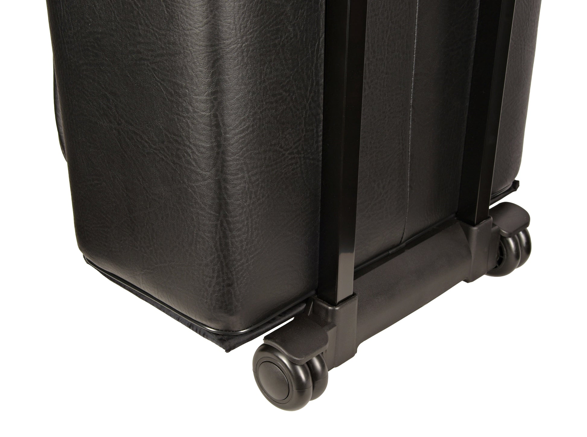 Close-up on the wheels and base structure of the billiard case.