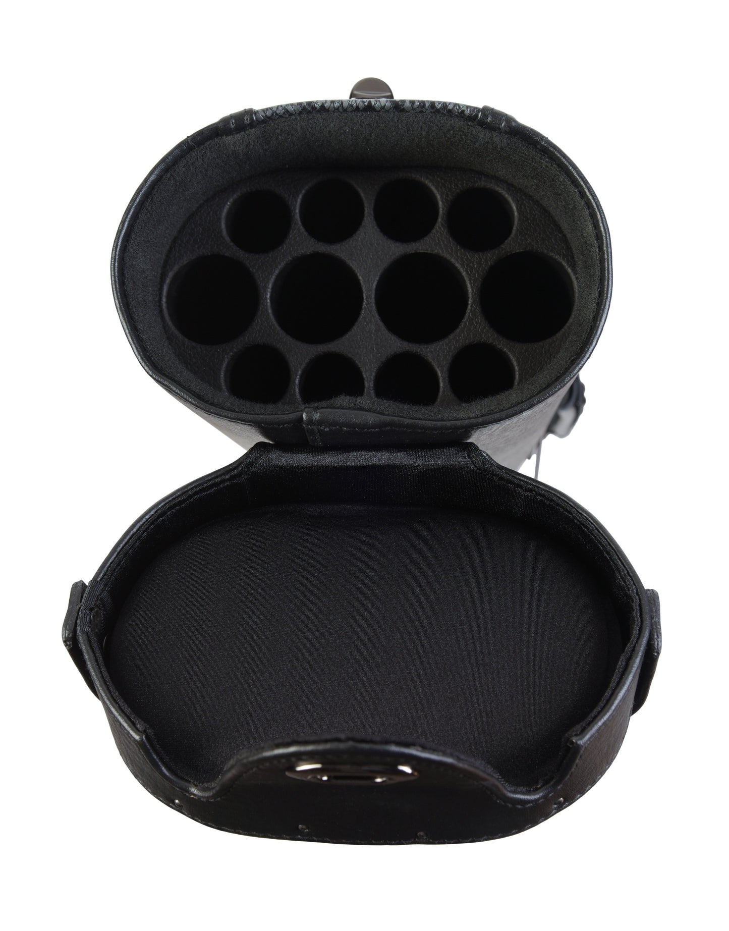 Overhead view of the interior pool cue case interior compartments