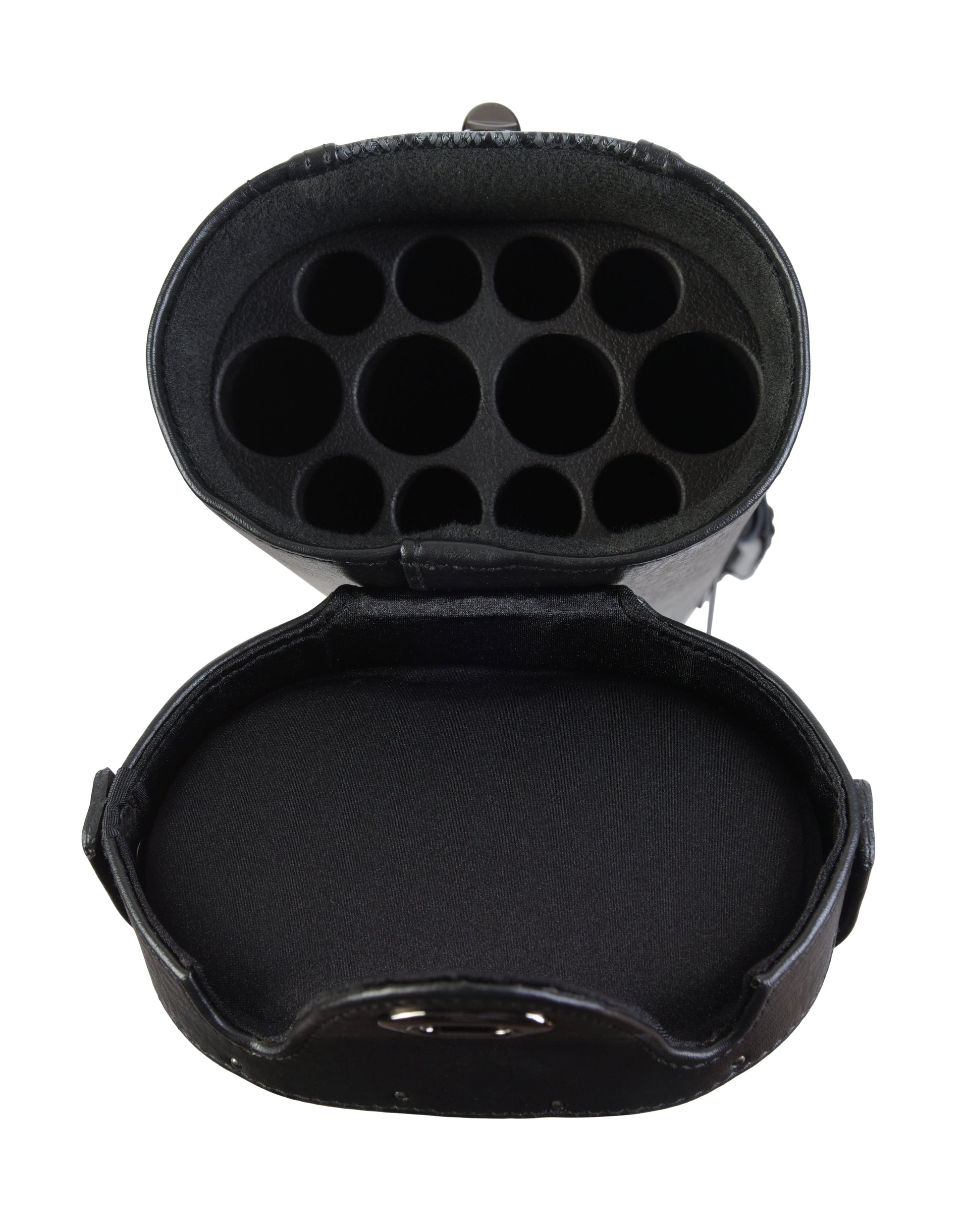 Overhead view of the interior pool cue case interior compartments