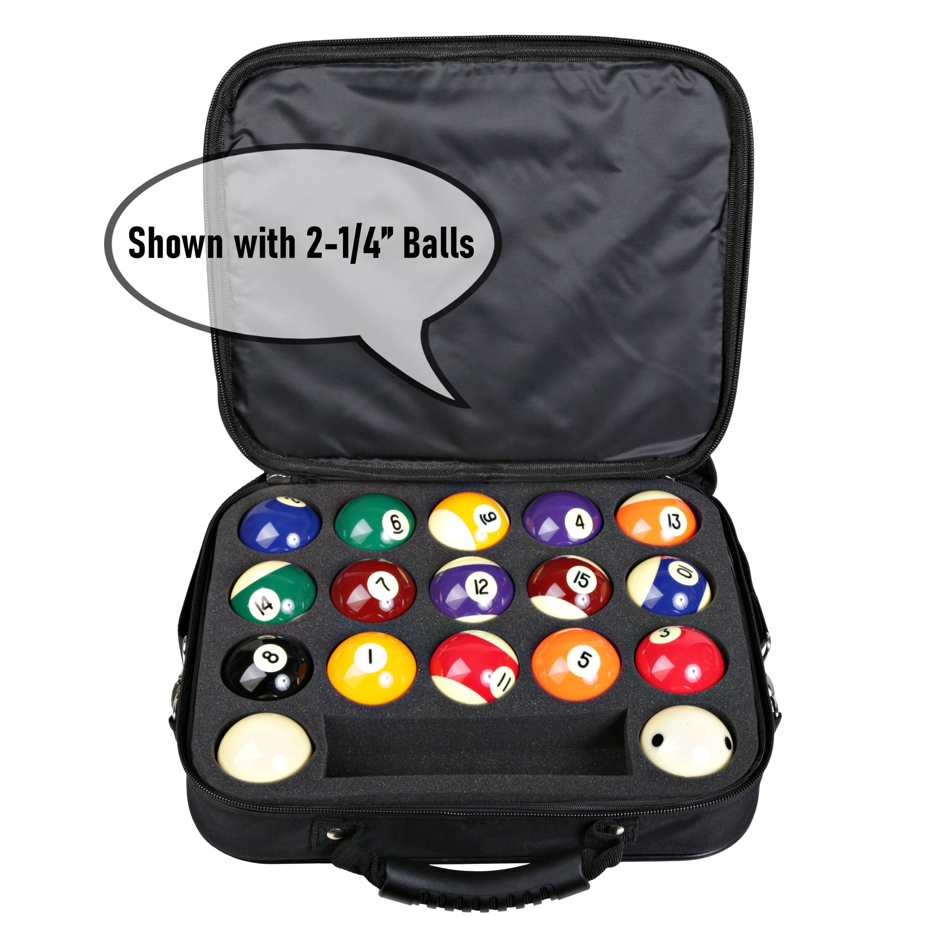 Infographic showing billiard balls with text indicating 2-1/4" size.