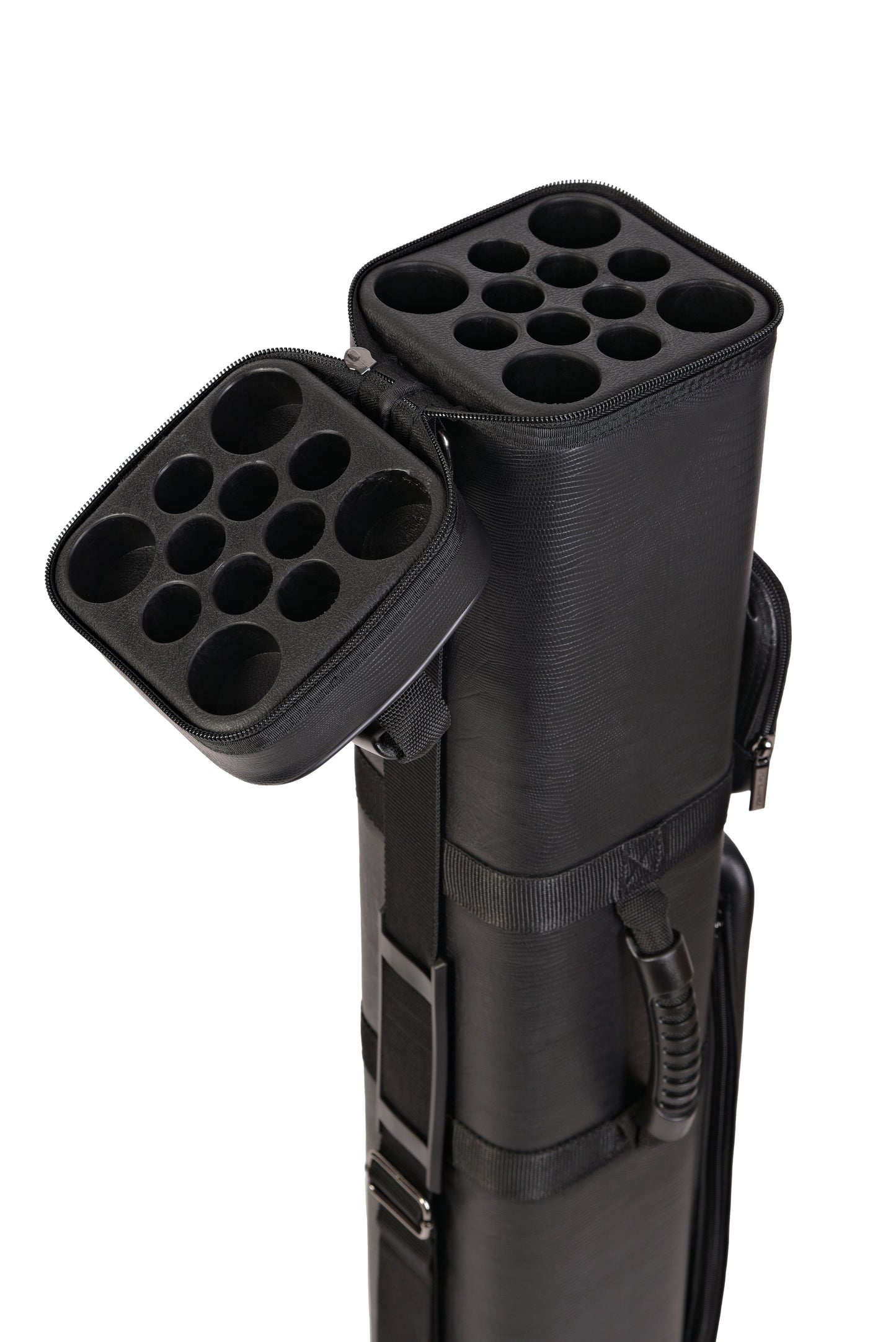 Overhead view of the open cue case with distinct storage sections