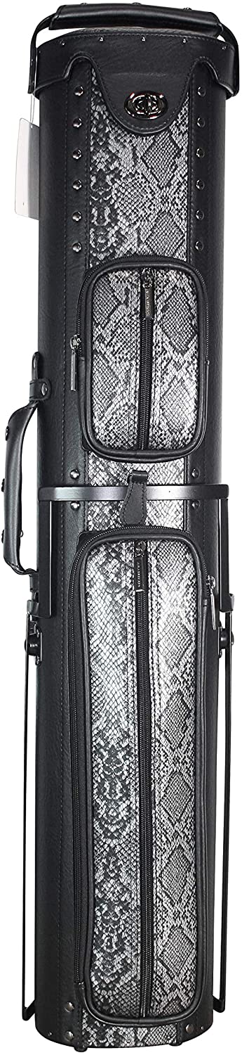 Full angled view of the black cue case with patterned accents.