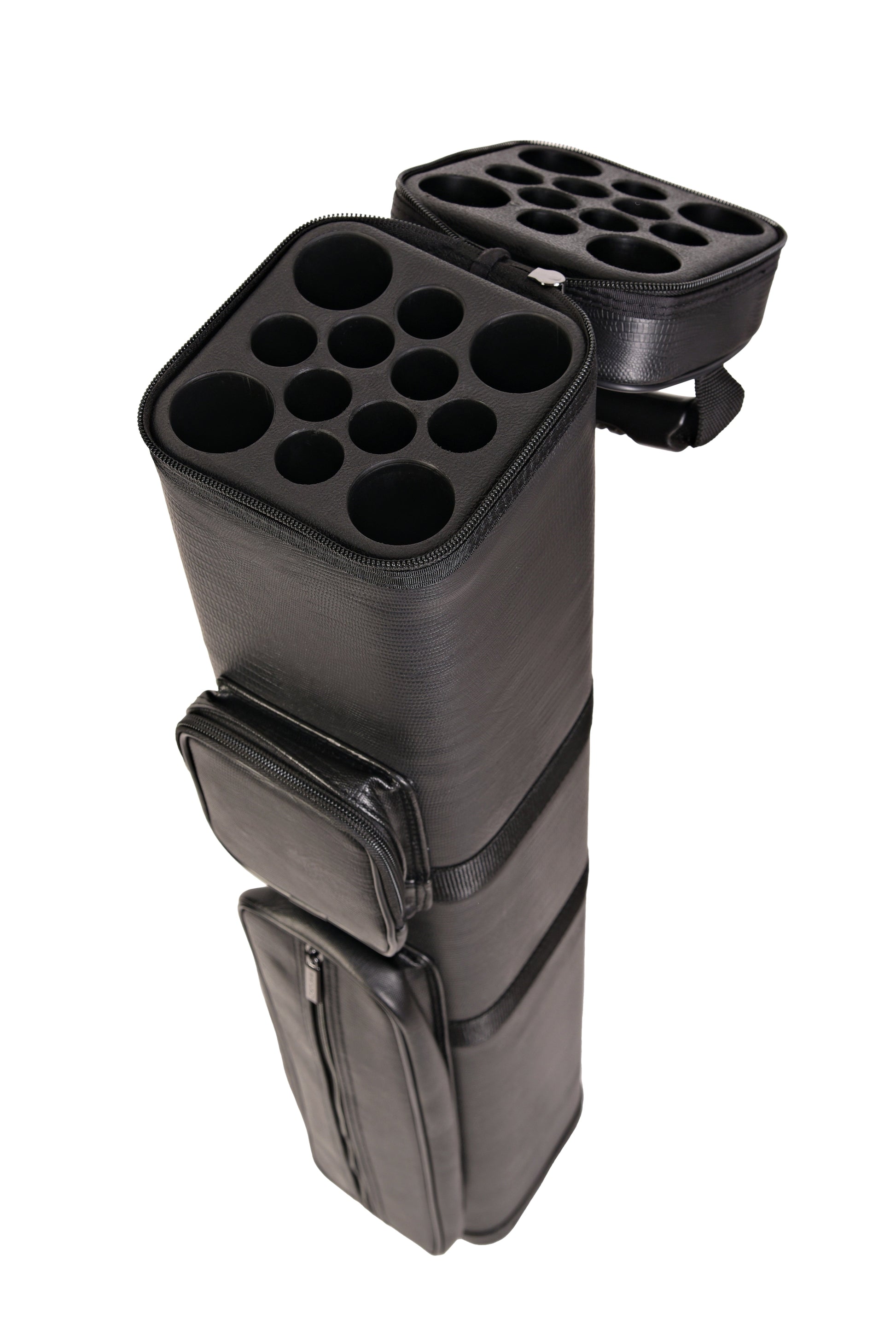 Opened cue case interior showcasing multiple openings for cues