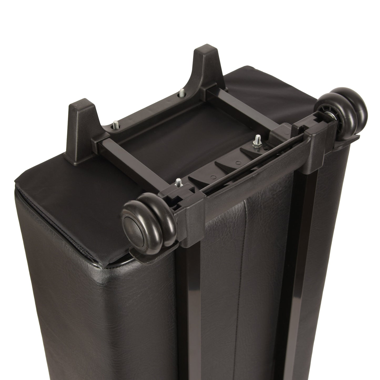 Underside of cue case illustrating wheel assembly and frame.