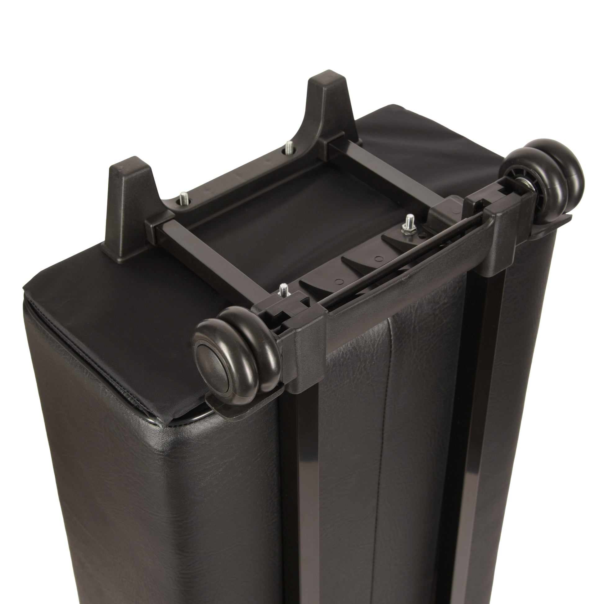 Underside of cue case illustrating wheel assembly and frame.