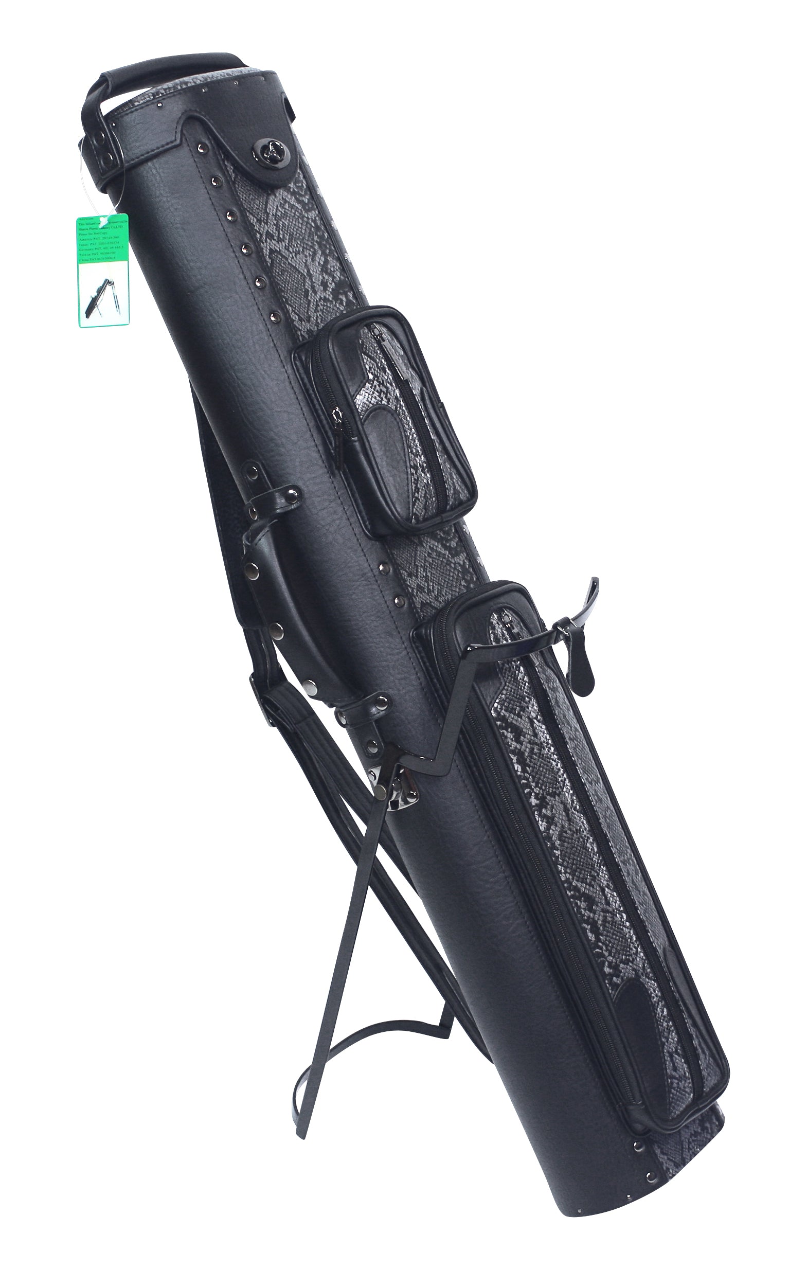 Pool cue case on its stand, angled view with tag