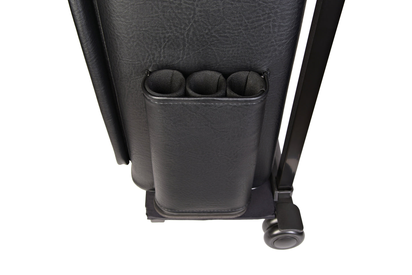 Detail of the cylindrical cue holders on the exterior of the case.