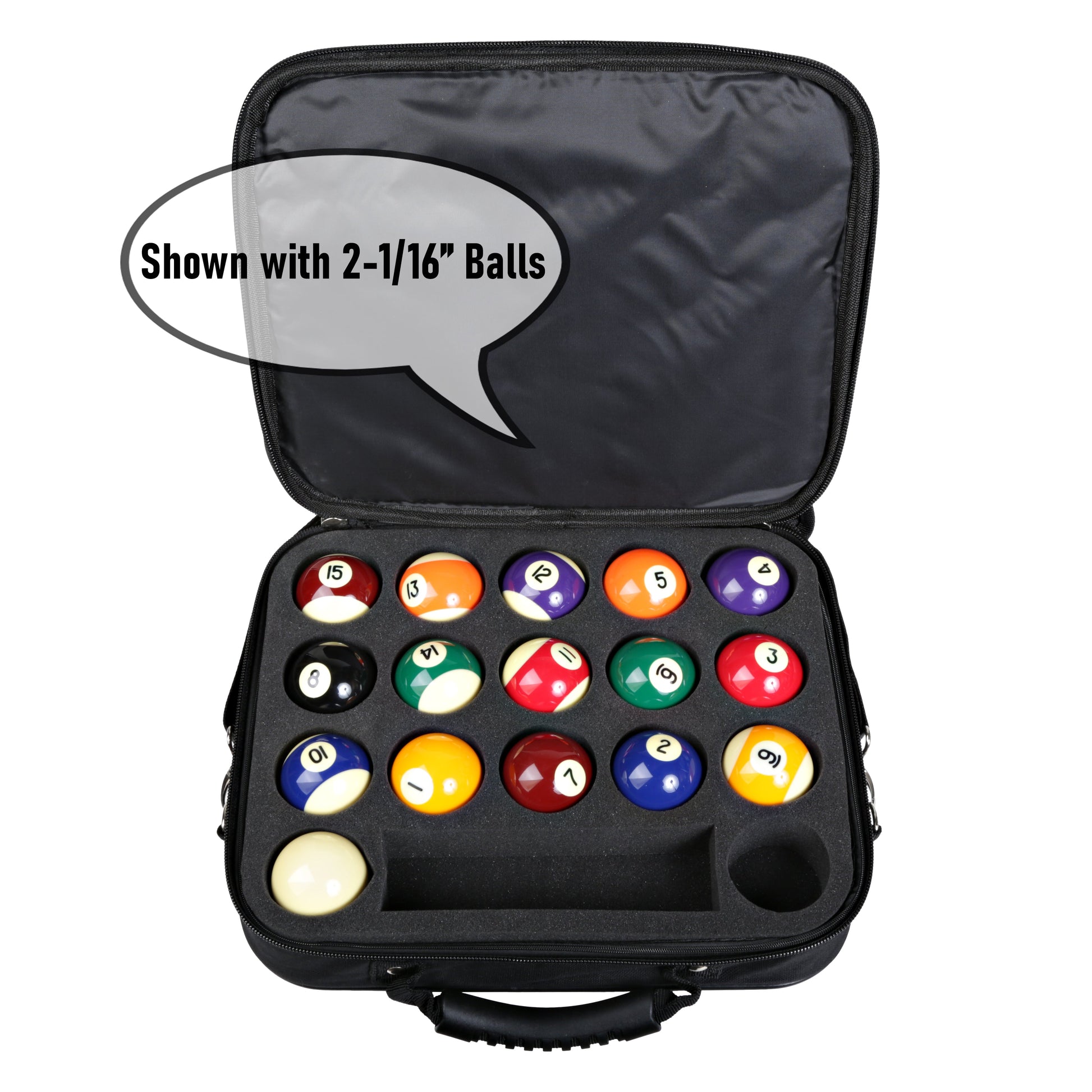 Infographic displaying billiard balls with text noting 2-1/16" size.