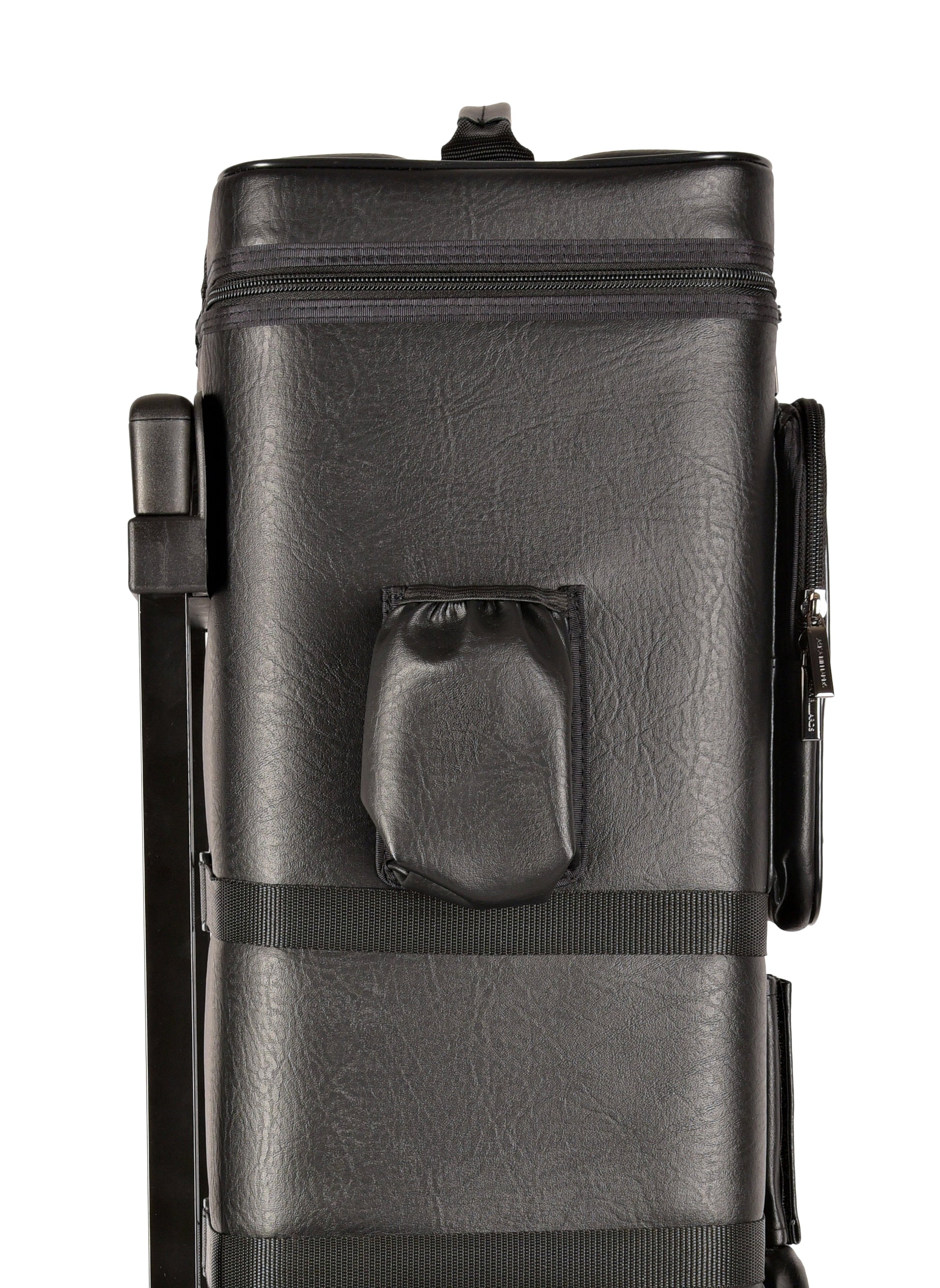 Top section of cue case showing small pouch and main compartment zipper