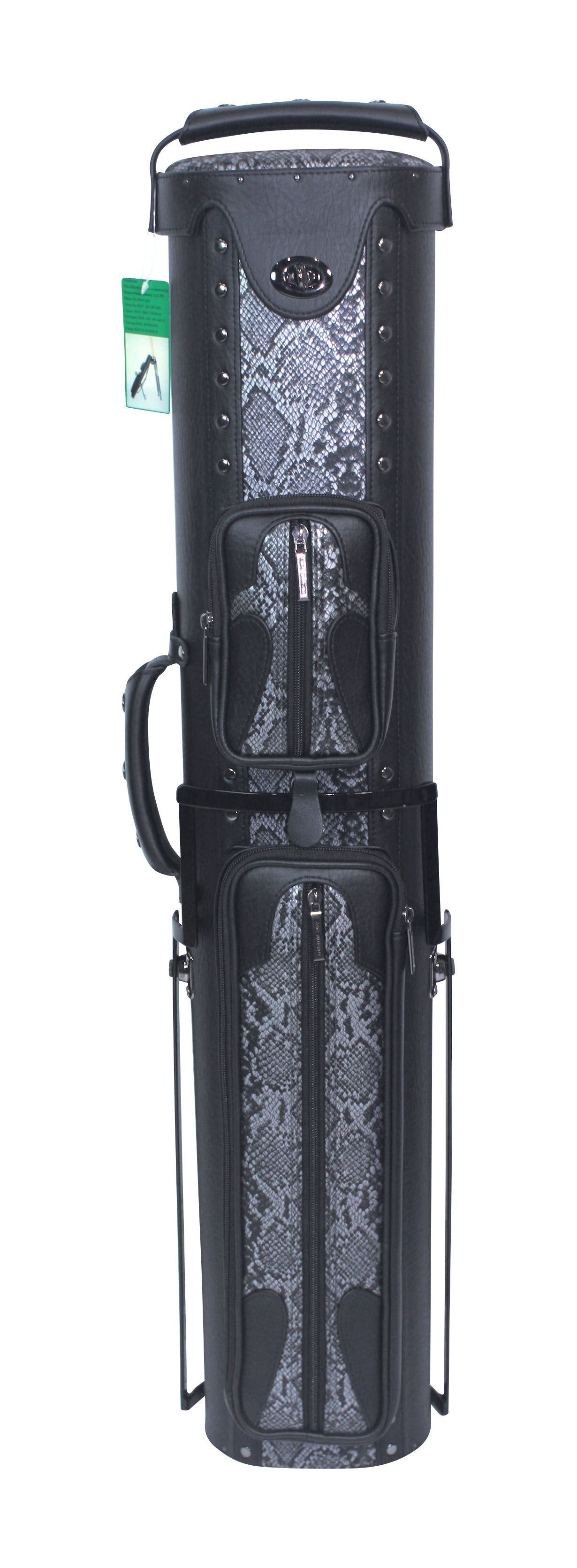 Full front view of the black cue case on its stand with tag