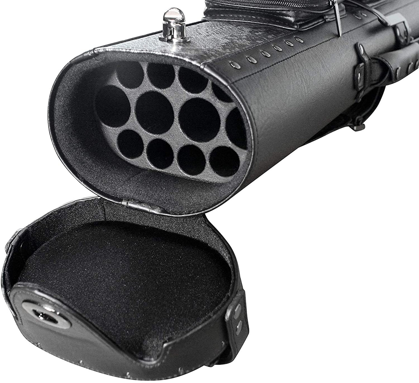 Overhead shot of the open cue case interior with shaft holders.