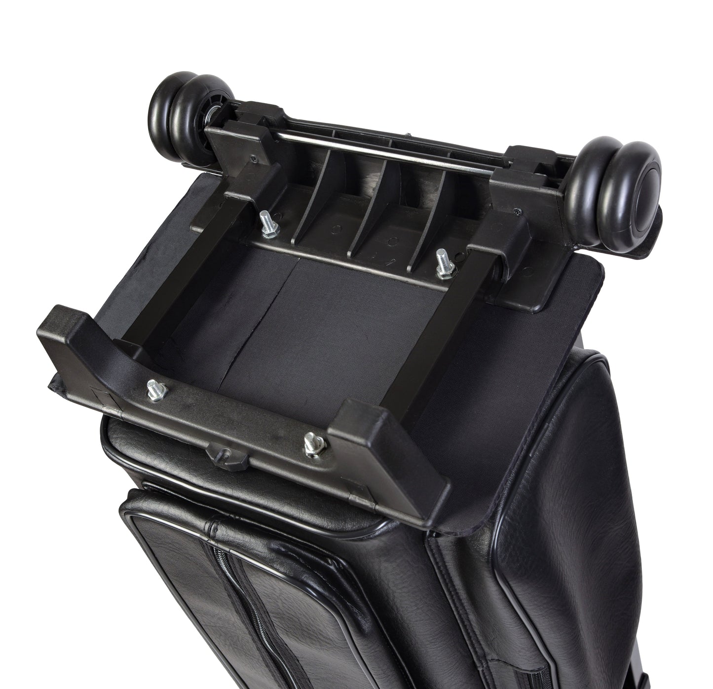 Underside of the telescoping handle and wheel mechanism on the cue case.