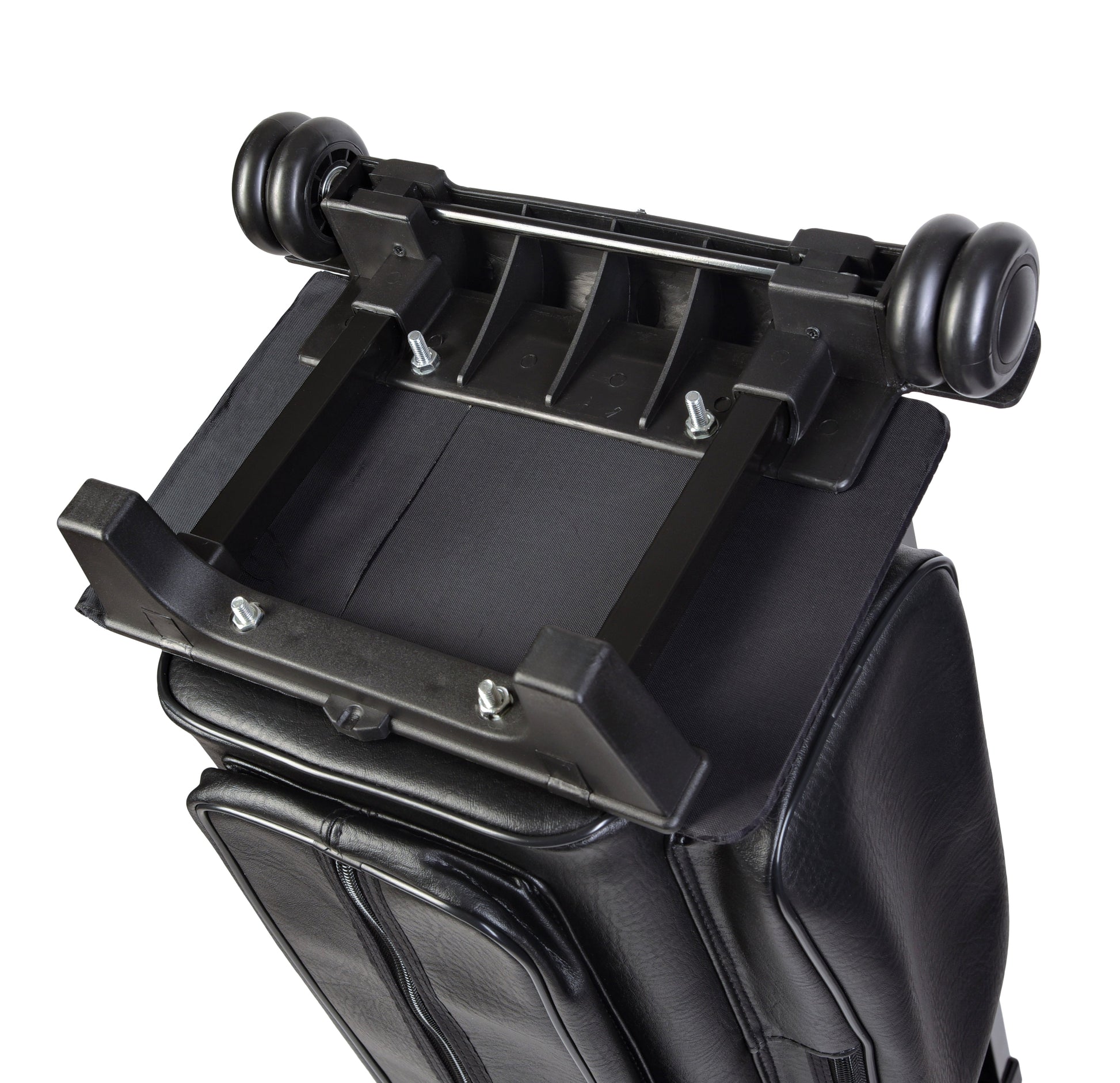 Underside of the telescoping handle and wheel mechanism on the cue case.