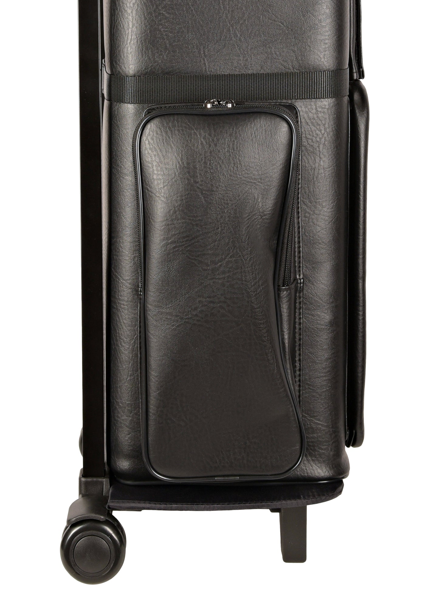 Lower exterior pocket and wheel assembly on the side of the cue case