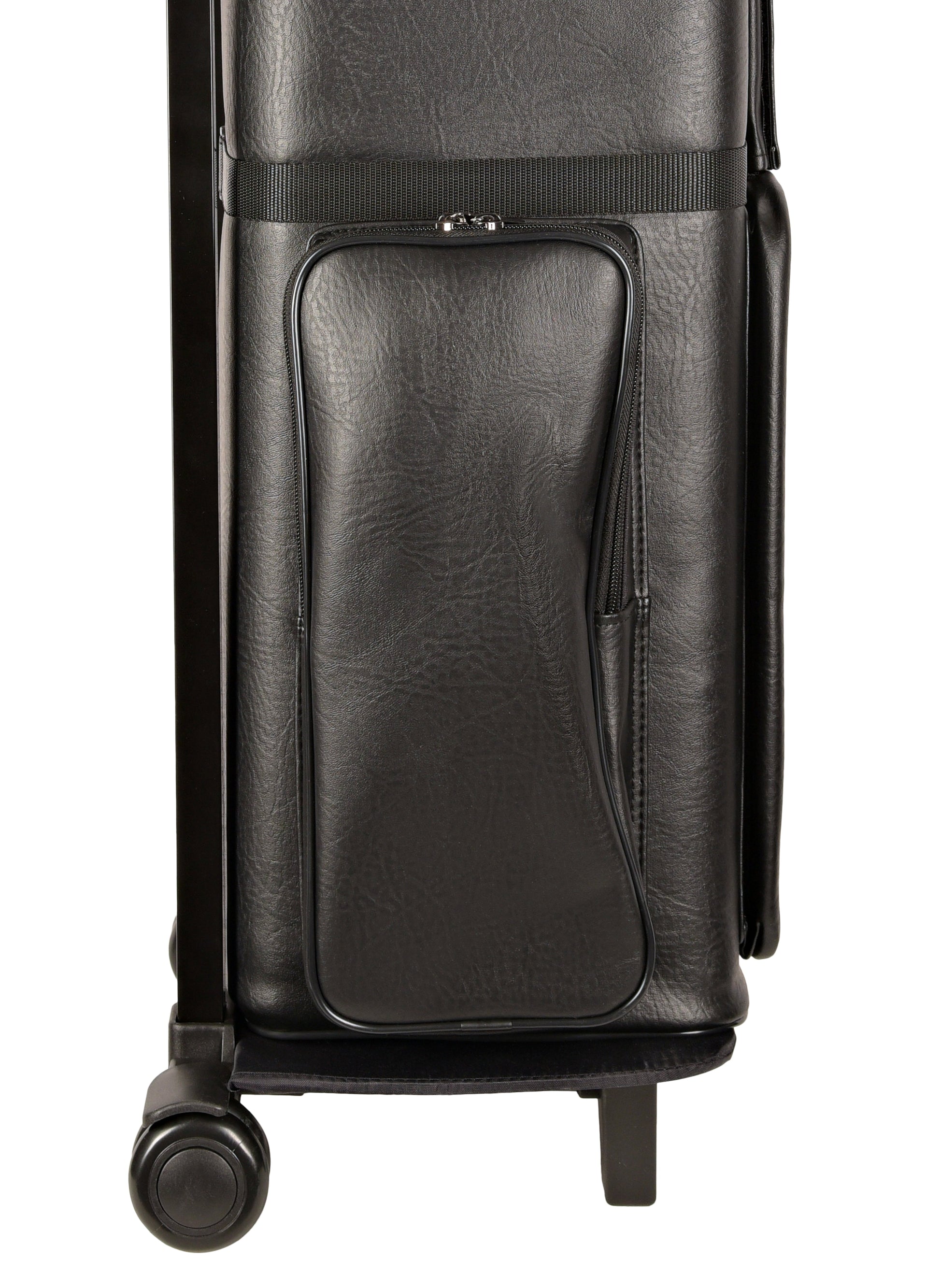 Lower exterior pocket and wheel assembly on the side of the cue case