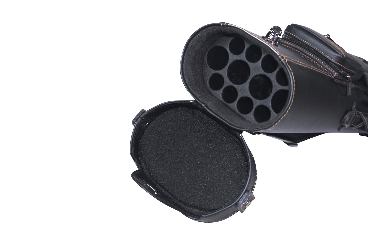 Close-up interior view of the interior pool cue case compartments