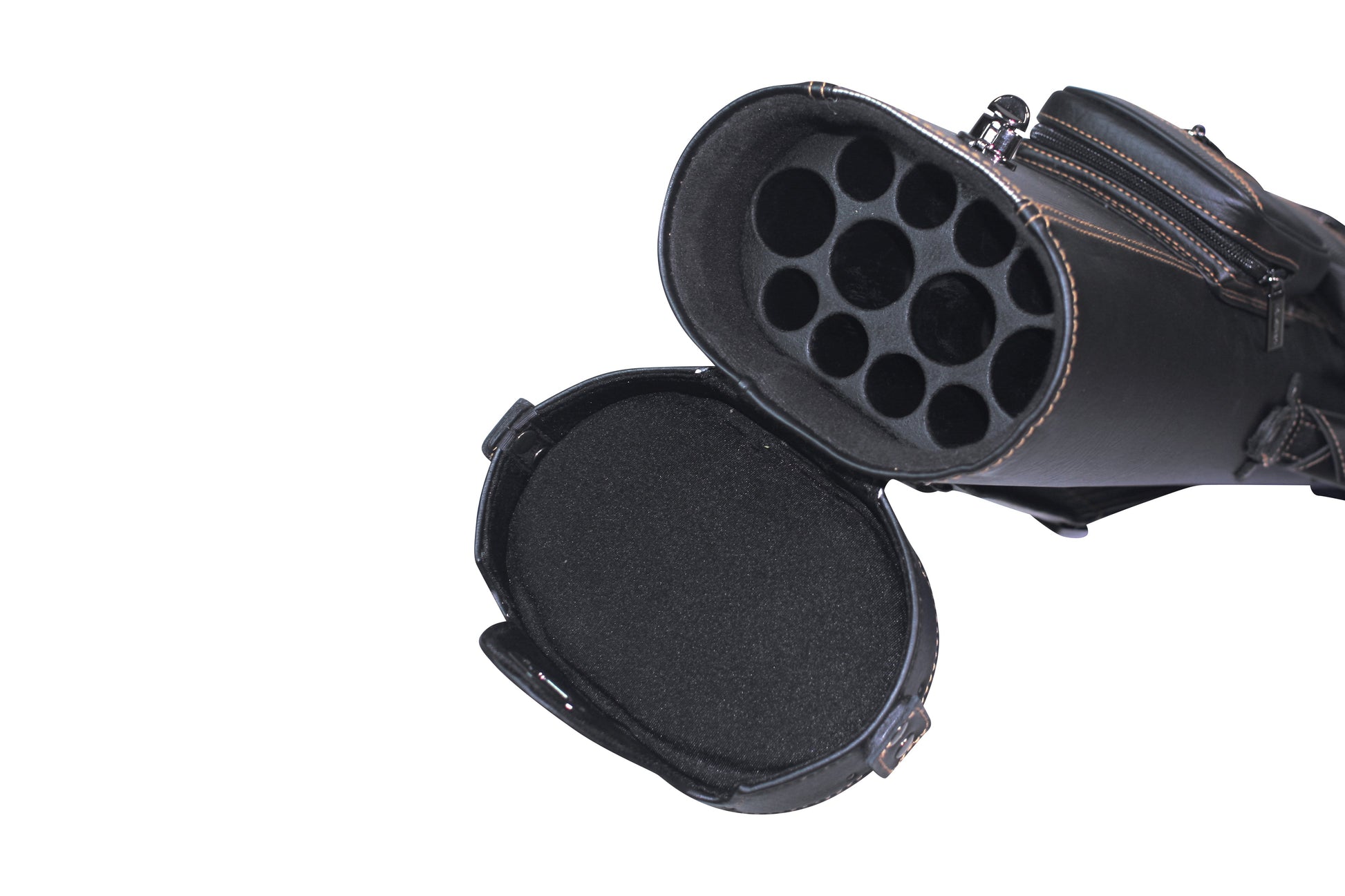 Close-up interior view of the interior pool cue case compartments