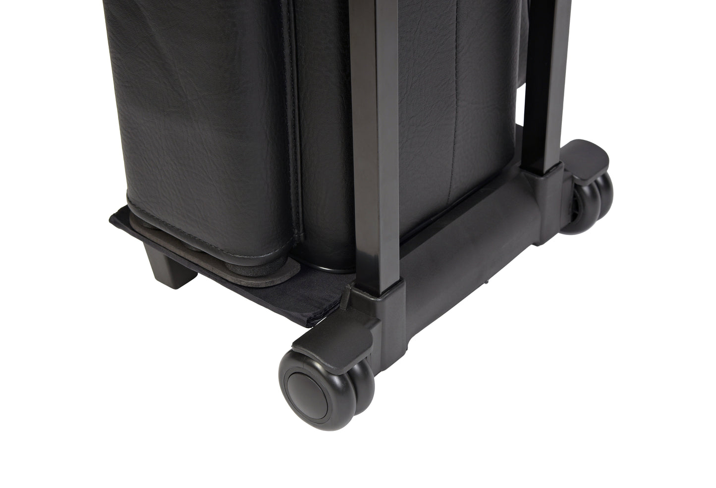 Close-up of the wheeled base and support frame of the cue case.