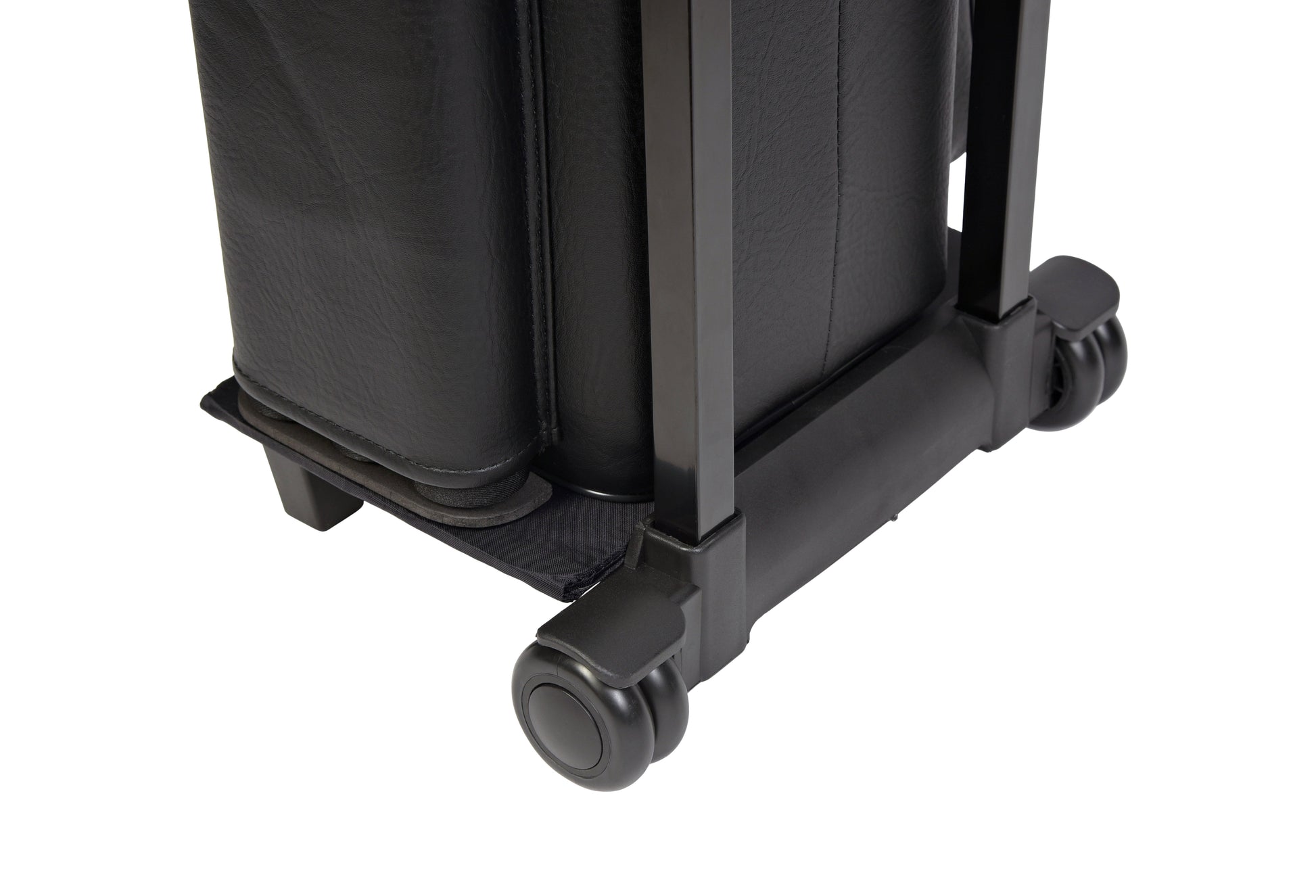 Close-up of the wheeled base and support frame of the cue case.