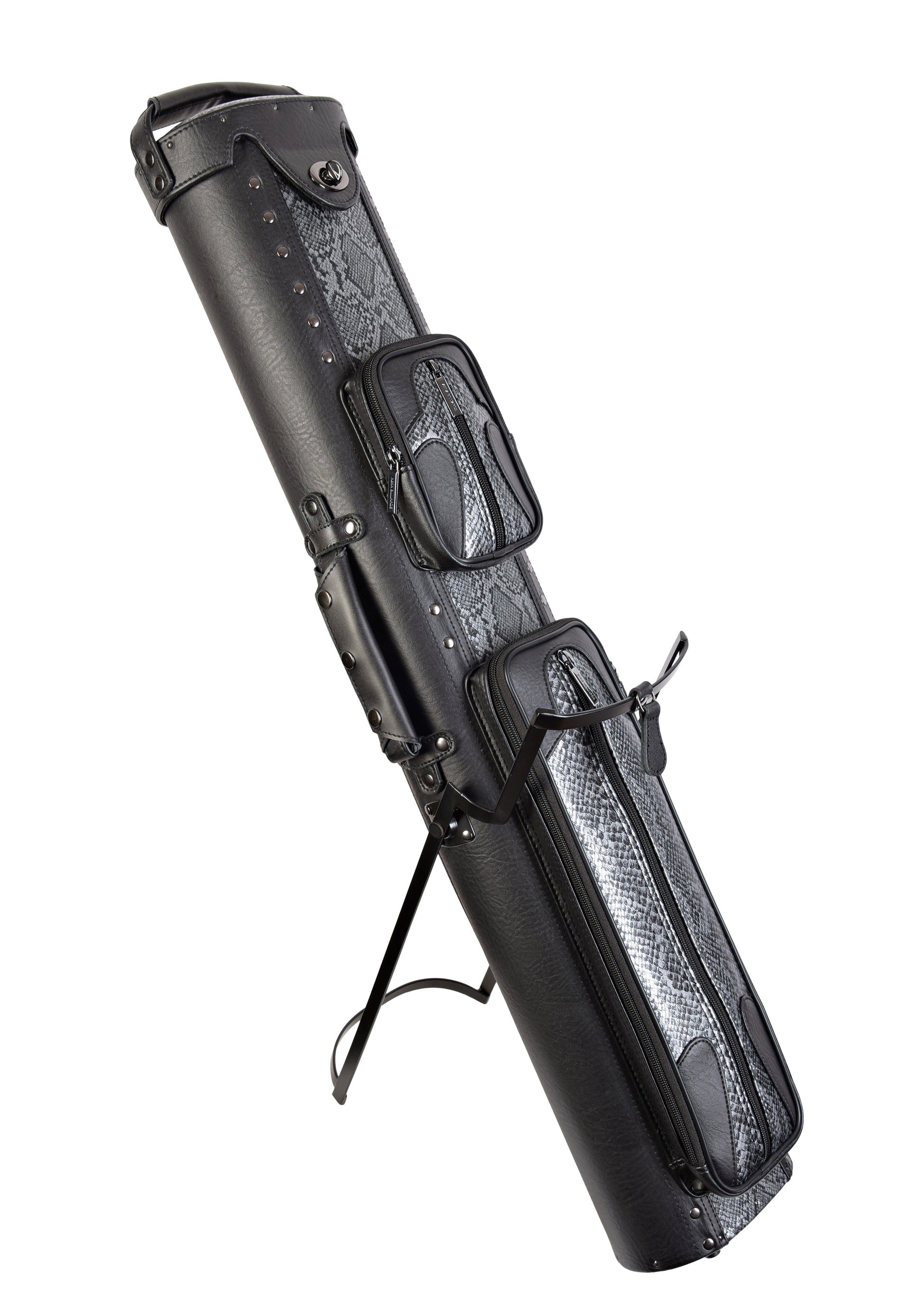 ASKA 4x8 Black Oval Pool Cue Case with Snake Design, Stand & Heavy-Duty Vinyl (C48P05)