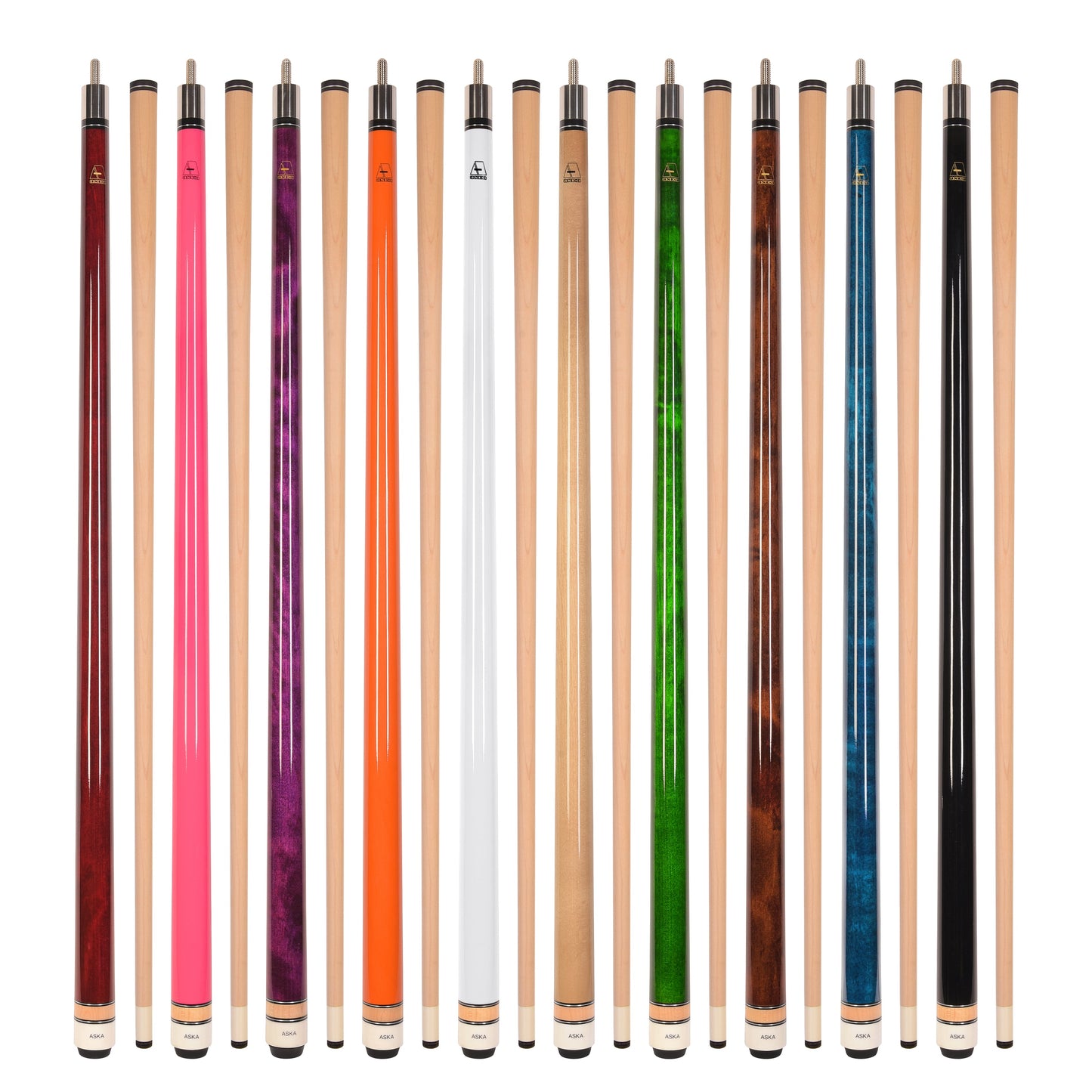 Set of 10 Aska L3 Pool Cue Sticks, 58", 13mm Tip, Hard Rock Canadian Maple Shaft, Wrapless, L3S10A