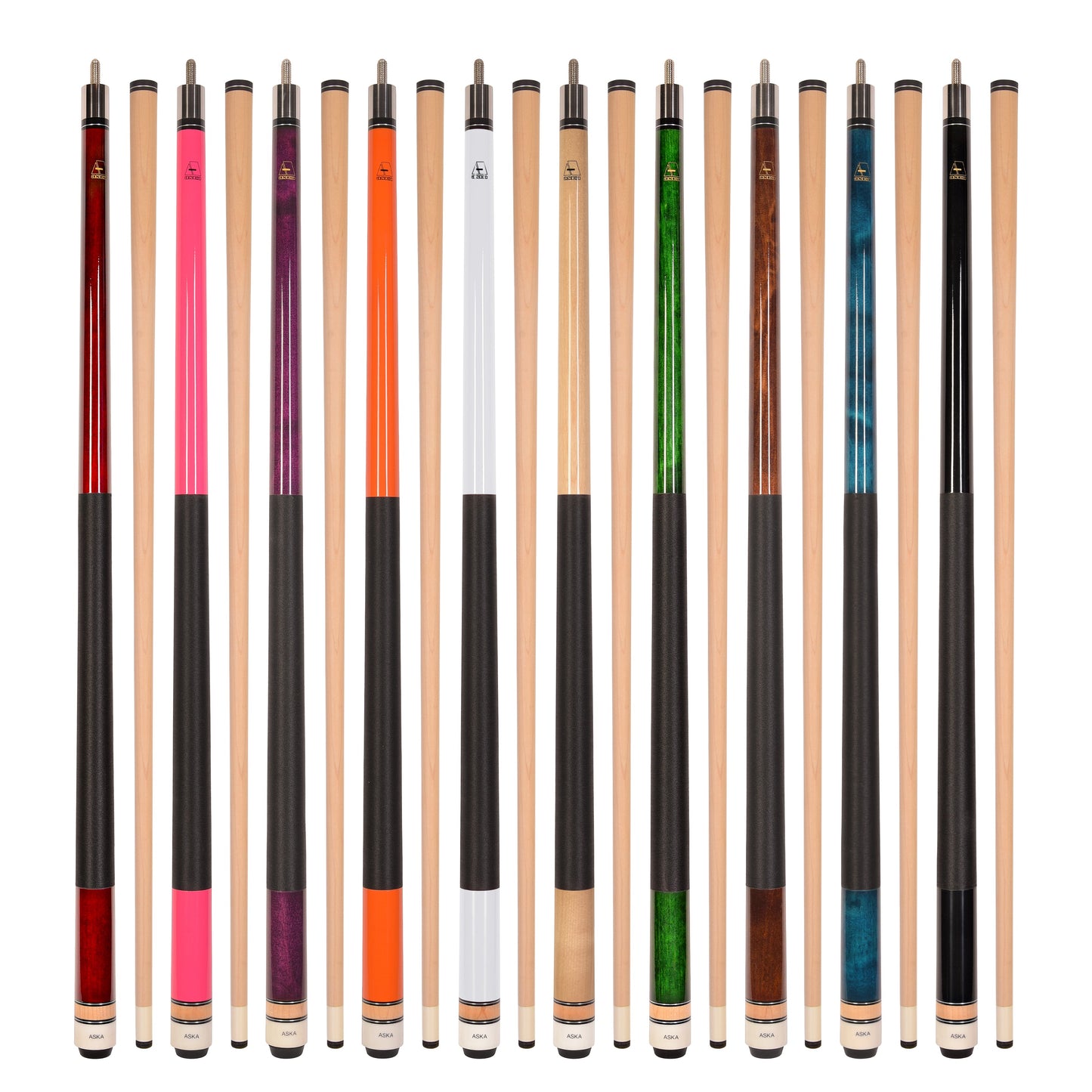 Set of 10 Aska L2 Billiard Pool Cues, 58" Hard Rock Canadian Maple, 13mm Hard Leather Tip, Mixed Weights, L2S10A