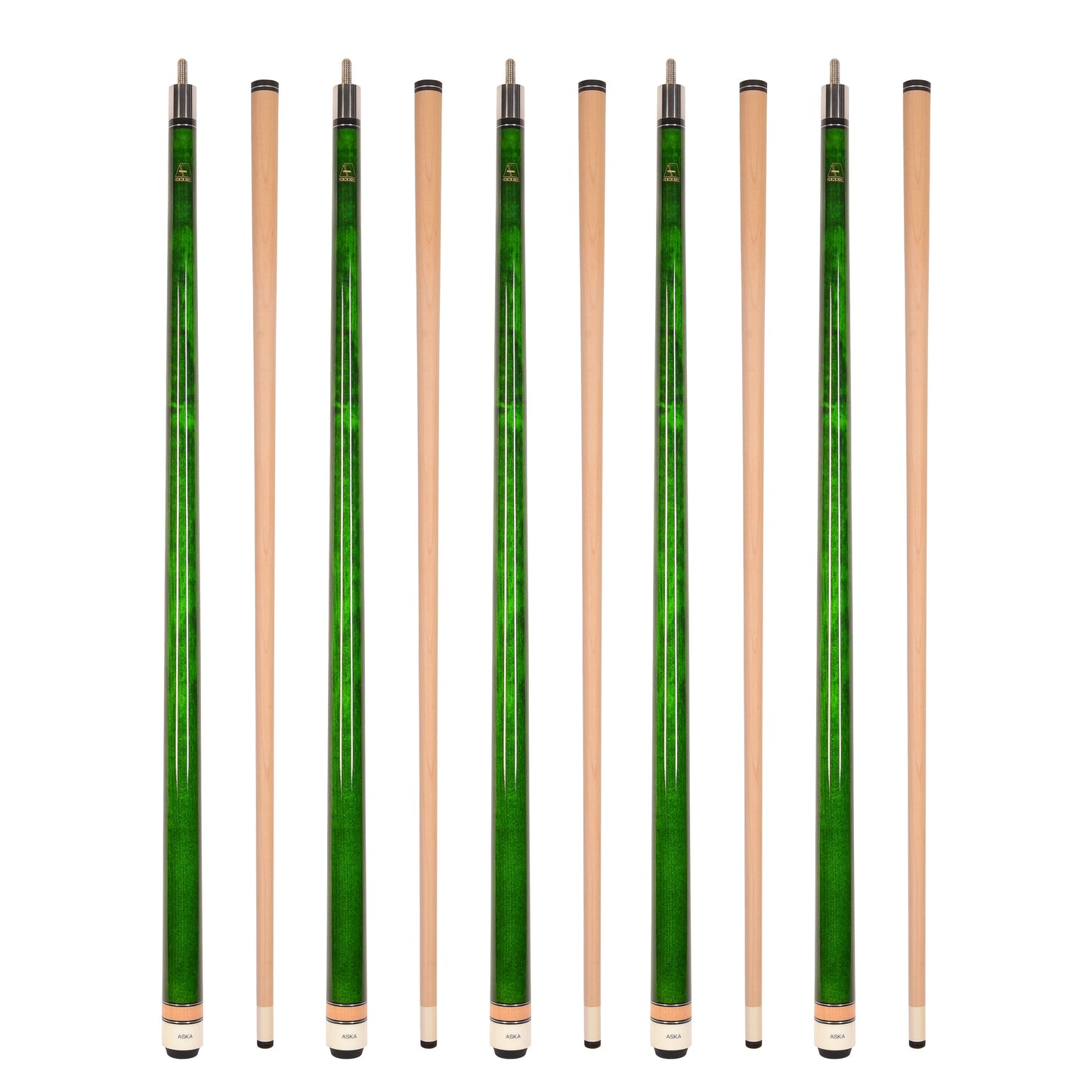 Set of 5 Aska L3 Green Pool Cue Sticks, 58", 13mm Tip, Hard Rock Canadian Maple Shaft, Wrapless, L3S5GRN