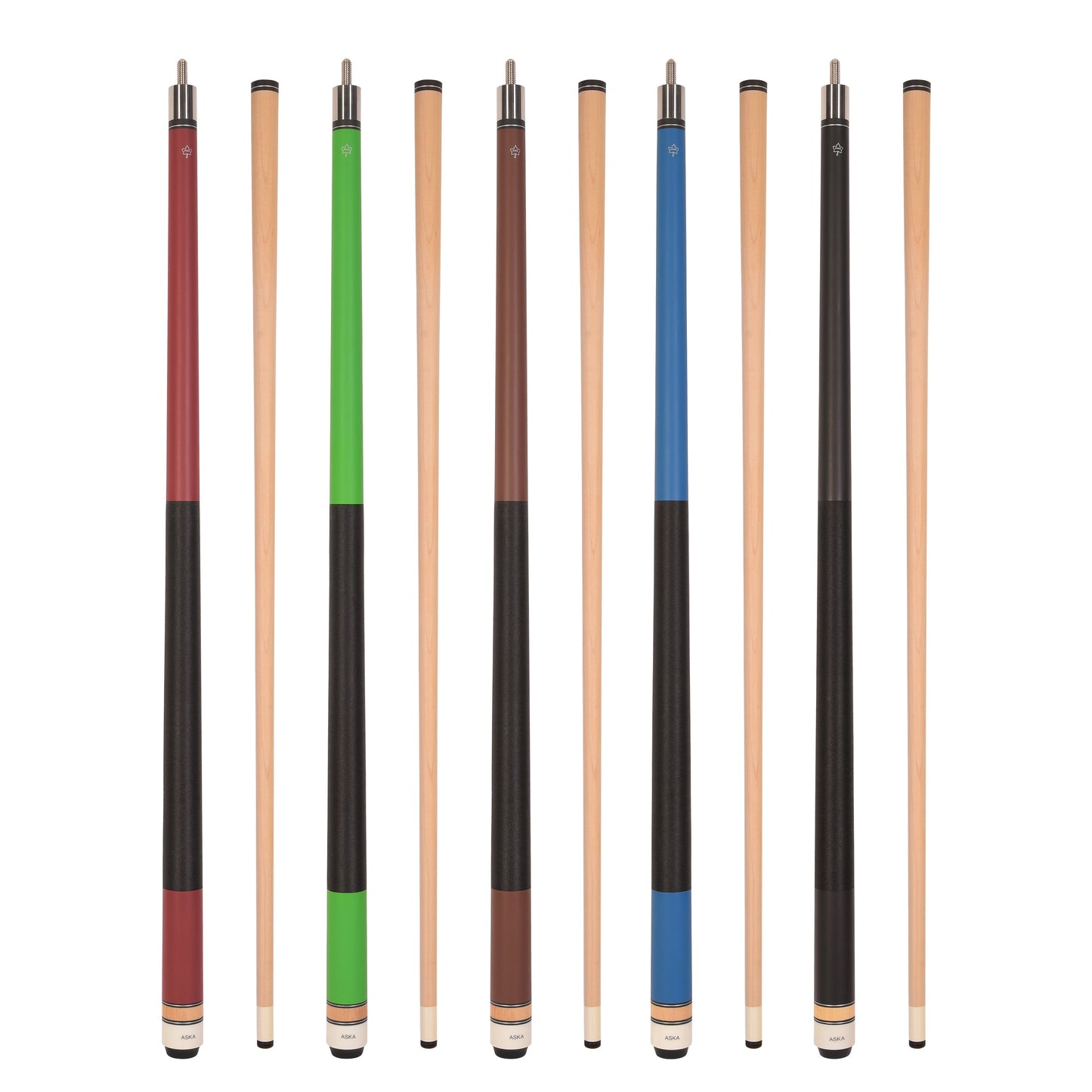 Set of 5 Aska Matte L2 Billiard Pool Cues, 58" Hard Rock Canadian Maple, 13mm Hard Tip, Mixed Weights, L2S5M