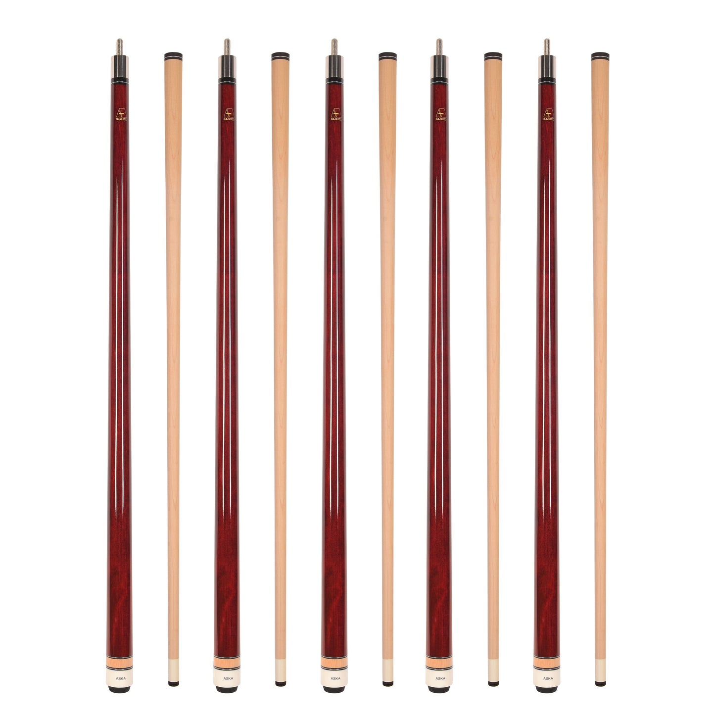 Set of 5 Aska L3 Red Pool Cue Sticks, 58", 13mm Tip, Hard Rock Canadian Maple Shaft, Wrapless, L3S5RD