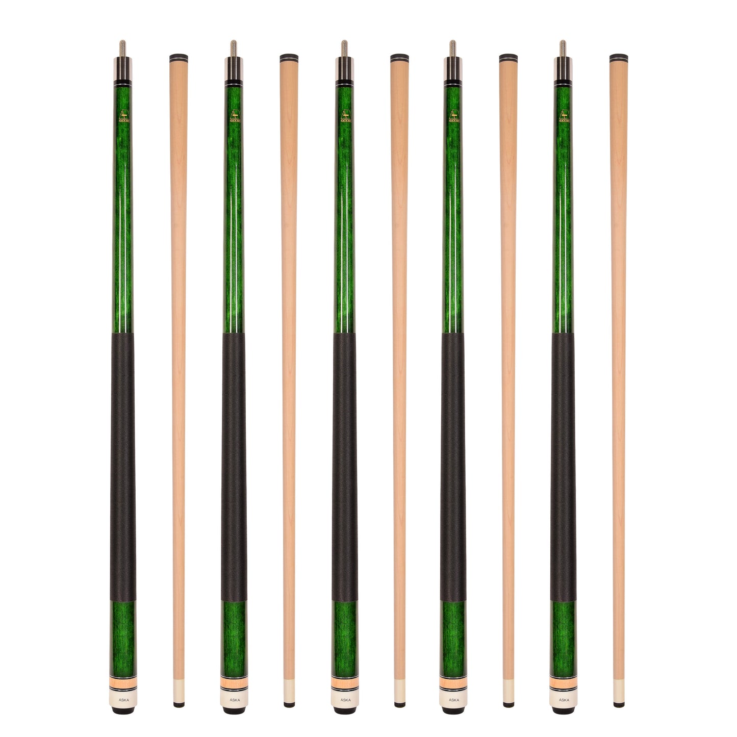 Set of 5 GREEN Aska L2 Billiard Pool Cues, 58" Hard Rock Canadian Maple, 13mm Hard Tip, Mixed Weights, L2S5GRN