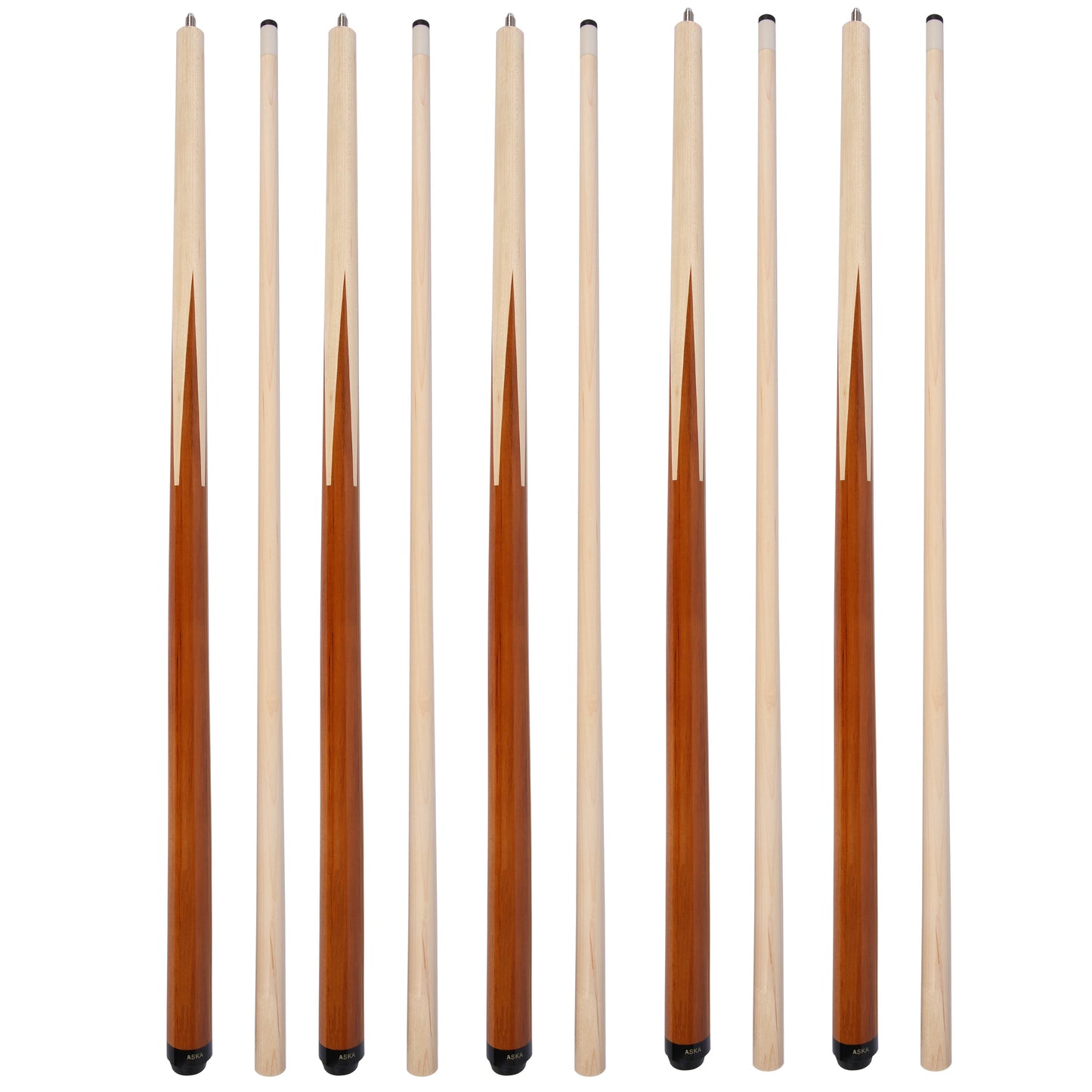 Set of 5 Aska SP1 Malaswood Sneaky Pete Billiard Pool Cue Sticks, 58" Hard Rock Canadian Maple, 13mm Hard Le Pro Tip, 2-Piece Construction. SP1S5