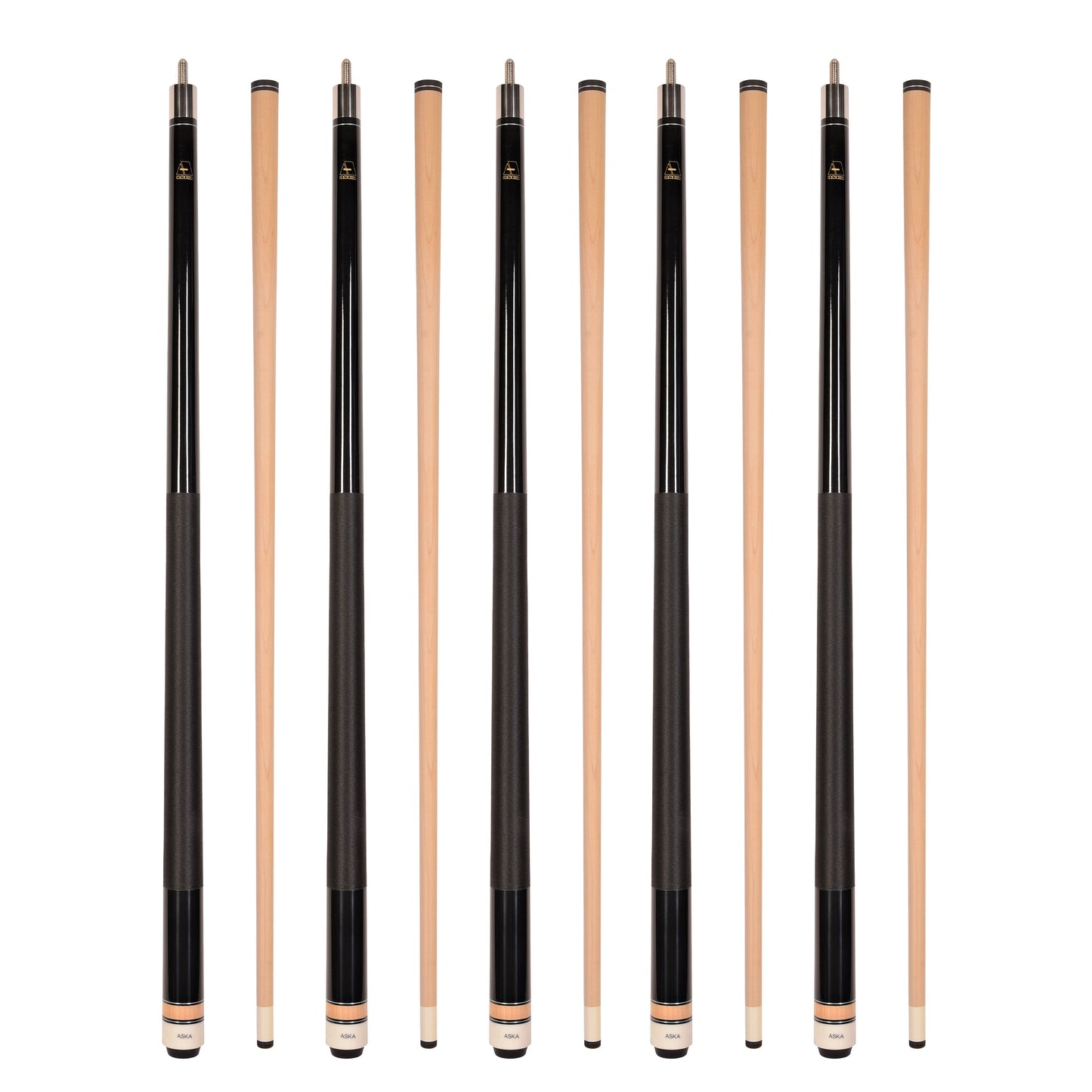 Set of 5 BLACK Aska L2 Billiard Pool Cues, 58" Hard Rock Canadian Maple, 13mm Hard Tip, Mixed Weights, L2S5BLK