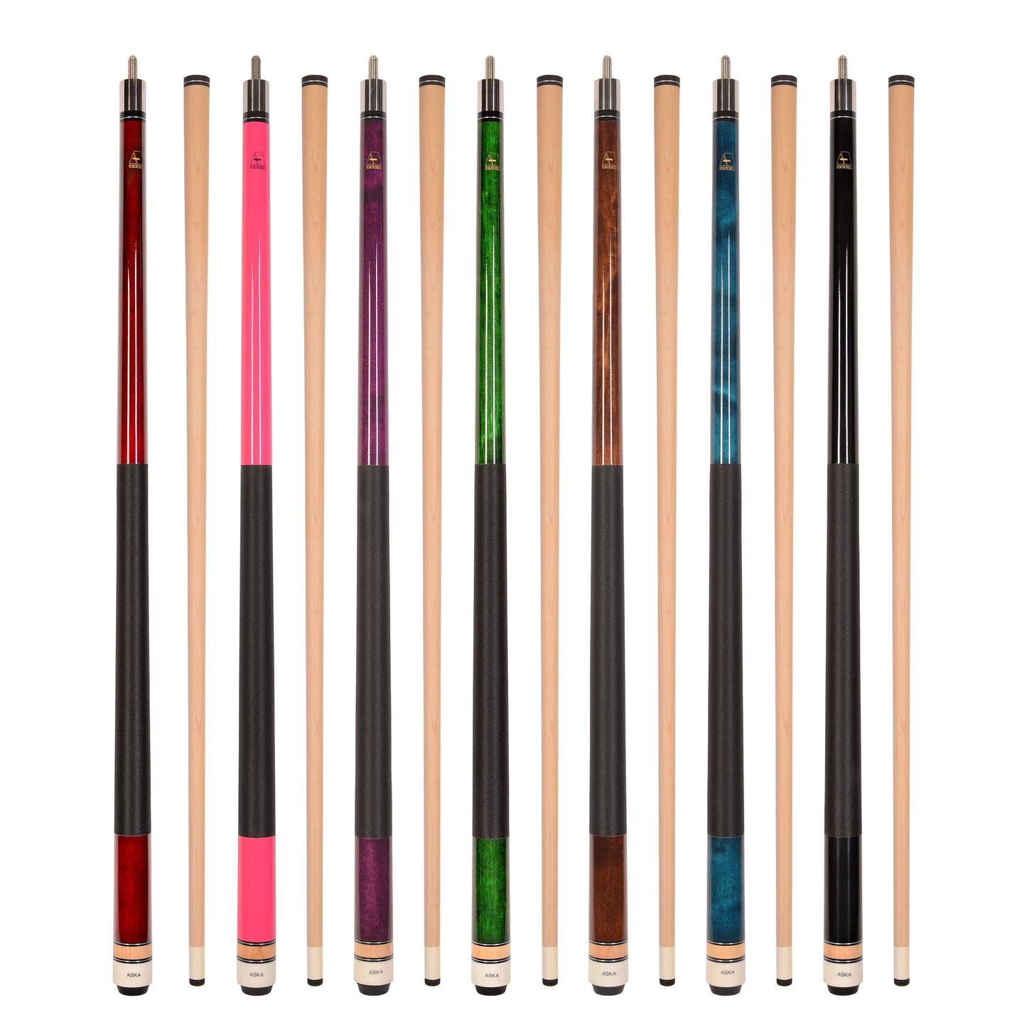 Set of 7 Aska L2 Billiard Pool Cues, 58" Hard Rock Canadian Maple, 13mm Hard Tip, Mixed Weights, L2S7