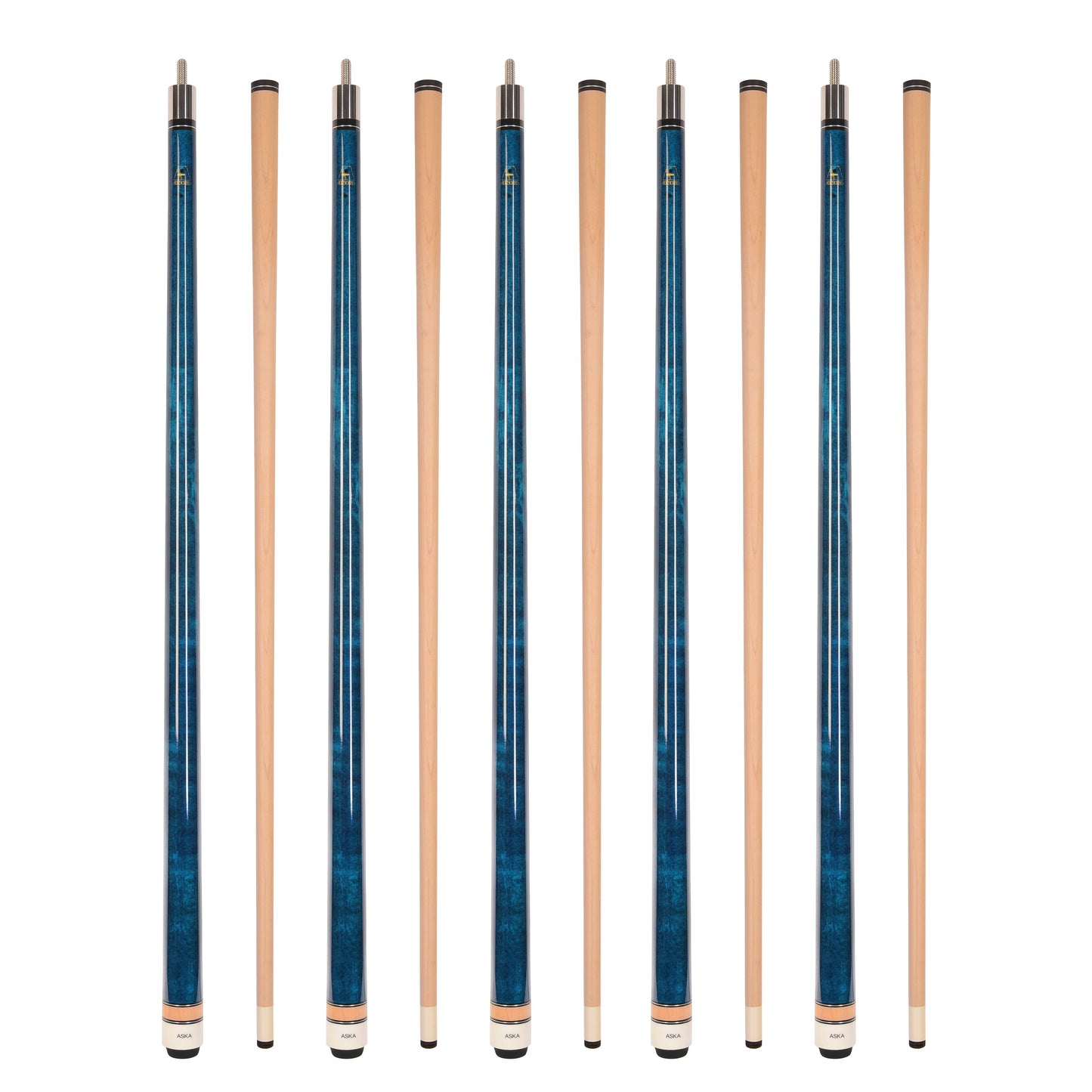Set of 5 Aska L3 Blue Pool Cue Sticks, 58", 13mm Tip, Hard Rock Canadian Maple Shaft, Wrapless, L3S5BLU