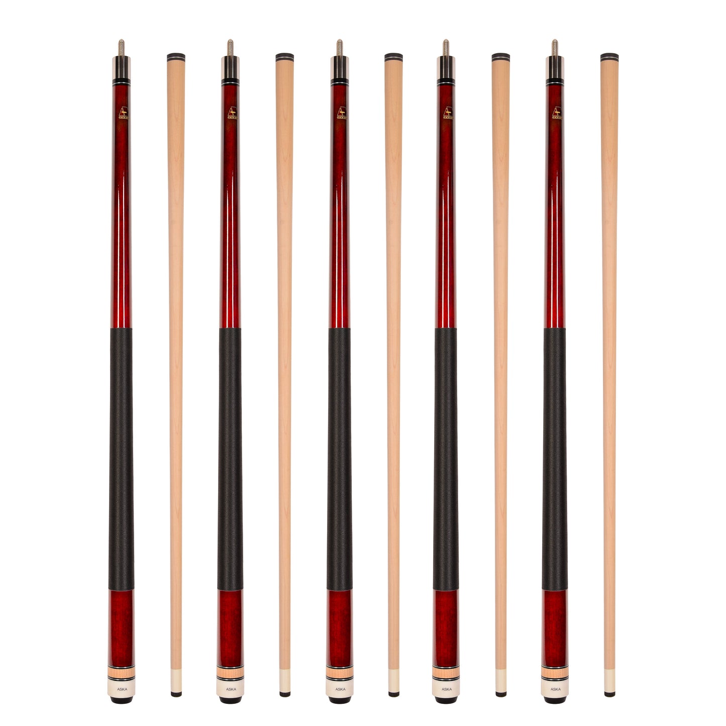 Set of 5 RED Aska L2 Billiard Pool Cues, 58" Hard Rock Canadian Maple, 13mm Hard Tip, Mixed Weights, L2S5RD