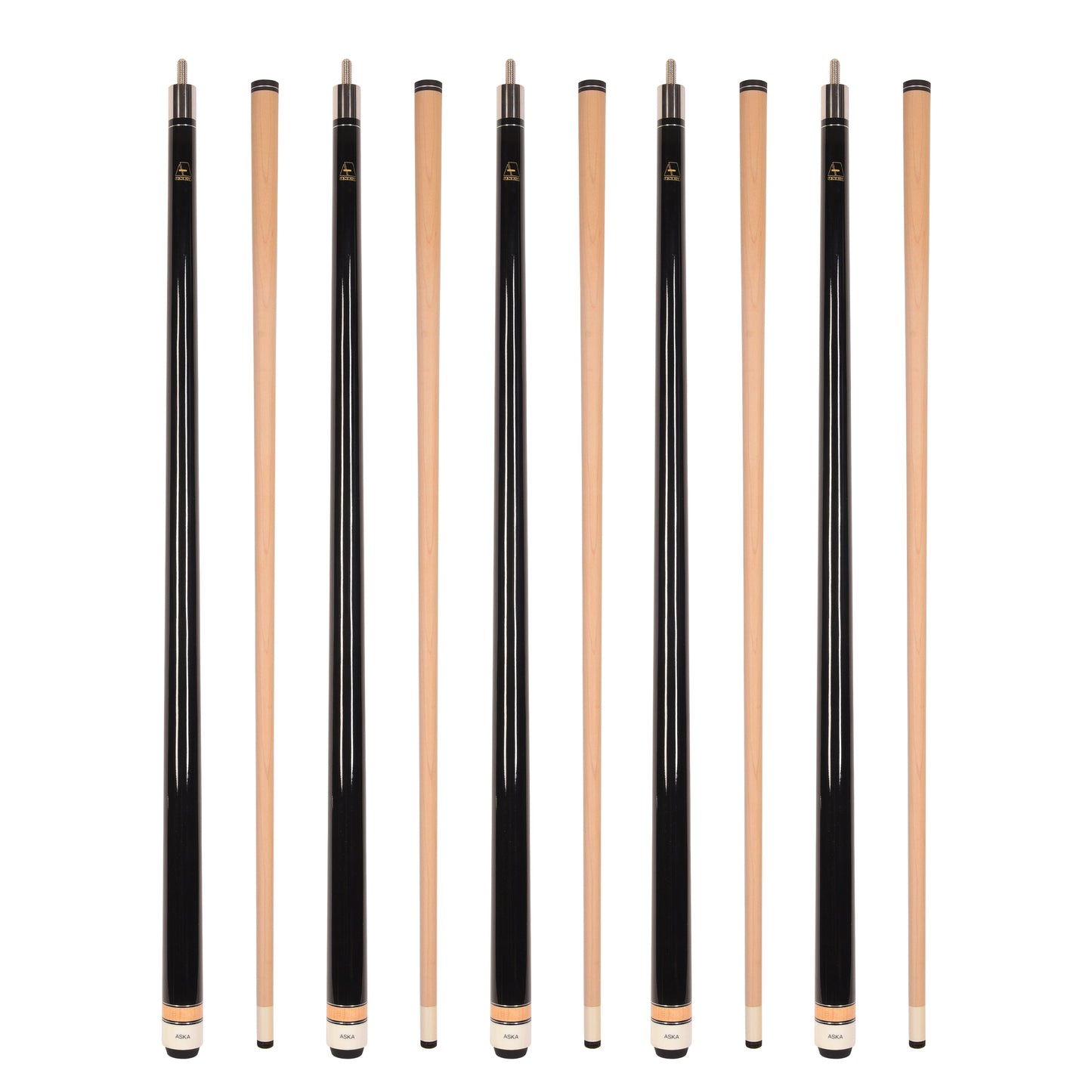 Set of 5 Aska L3 Black Pool Cue Sticks, 58", 13mm Tip, Hard Rock Canadian Maple Shaft, Wrapless, L3S5BLK