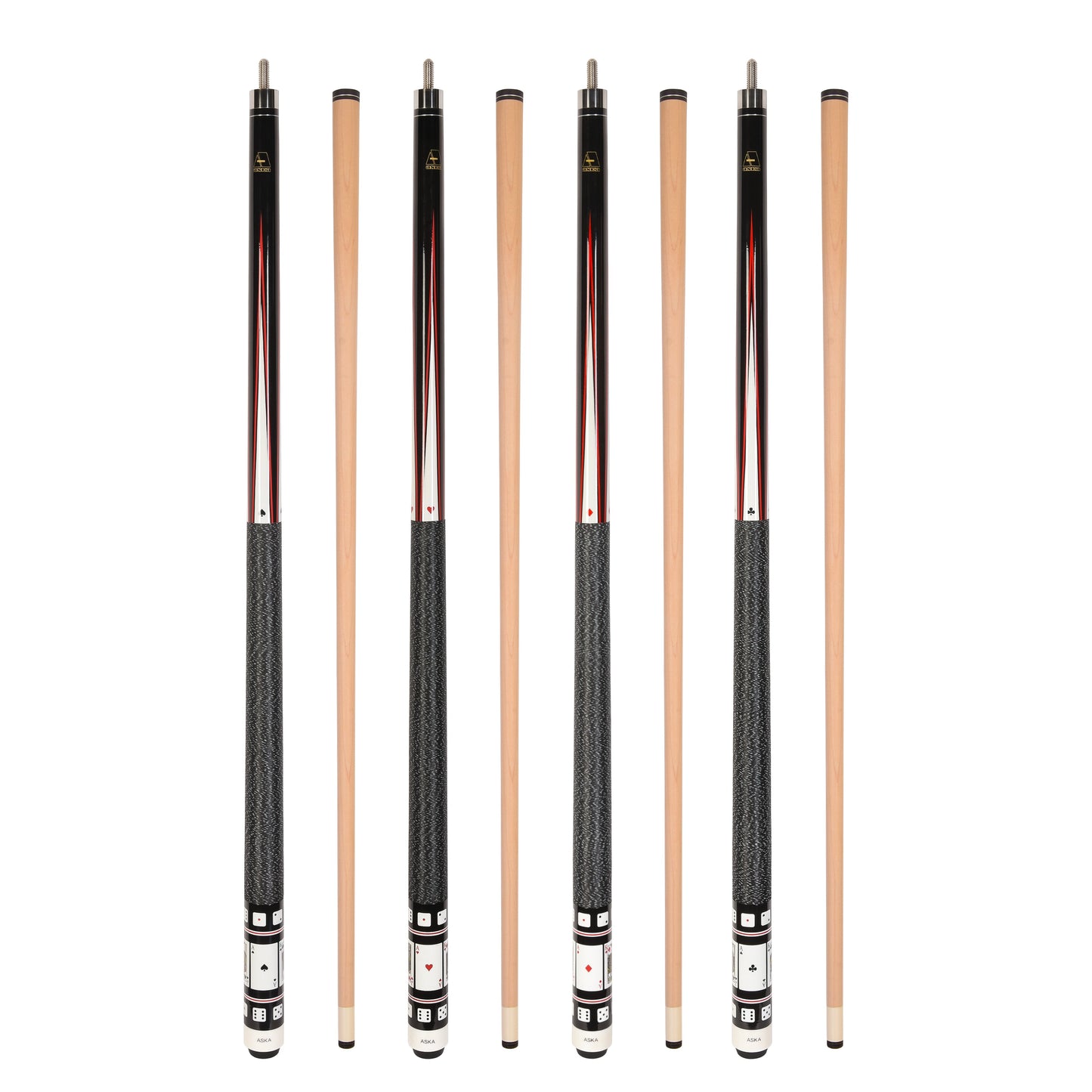 Set of 4 Aska Cards and Dice Billiard Pool Cues, 58" Hard Rock Canadian Maple, 13mm Hard Tip, Mixed Weights, CDS4